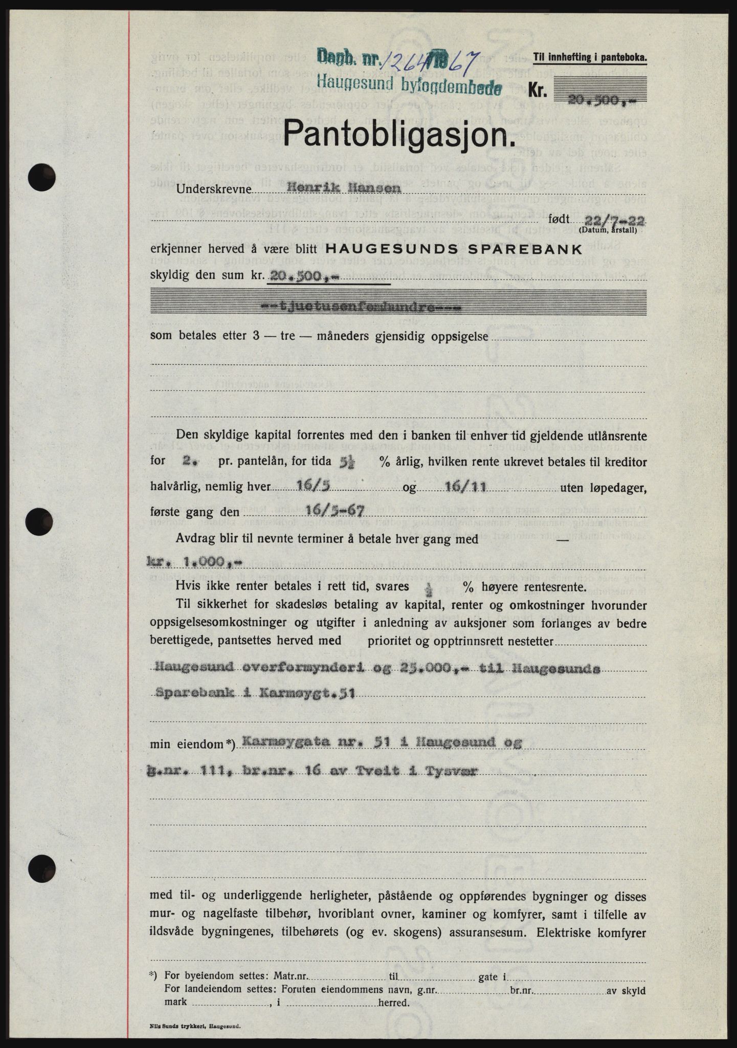 Haugesund tingrett, SAST/A-101415/01/II/IIC/L0056: Mortgage book no. B 56, 1966-1967, Diary no: : 1264/1967