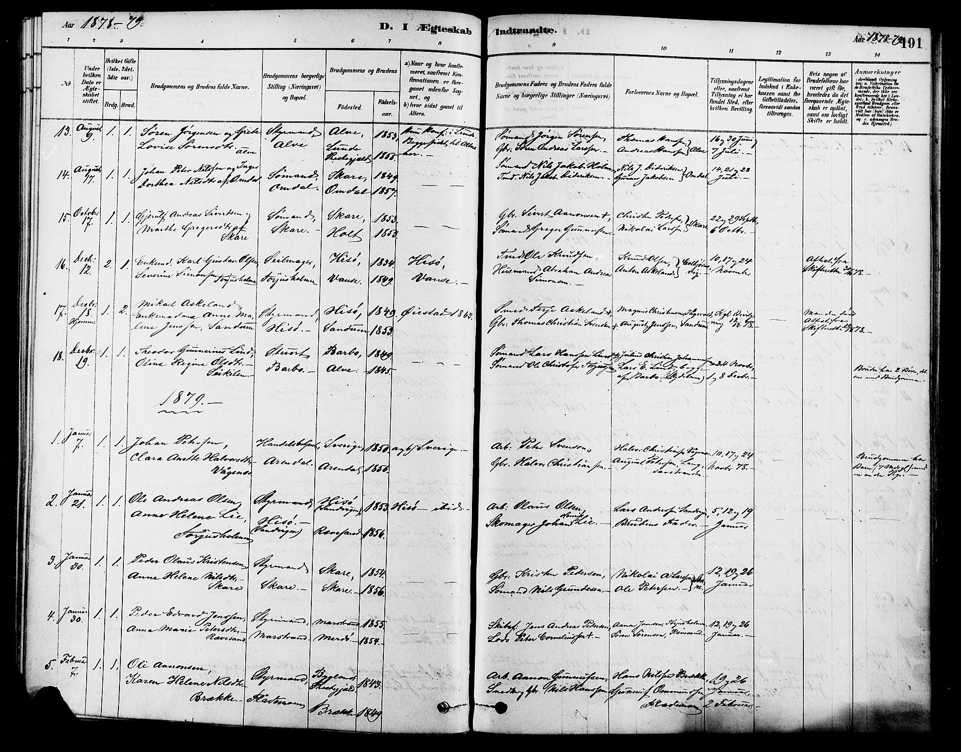 Tromøy sokneprestkontor, AV/SAK-1111-0041/F/Fa/L0009: Parish register (official) no. A 9, 1878-1896, p. 191