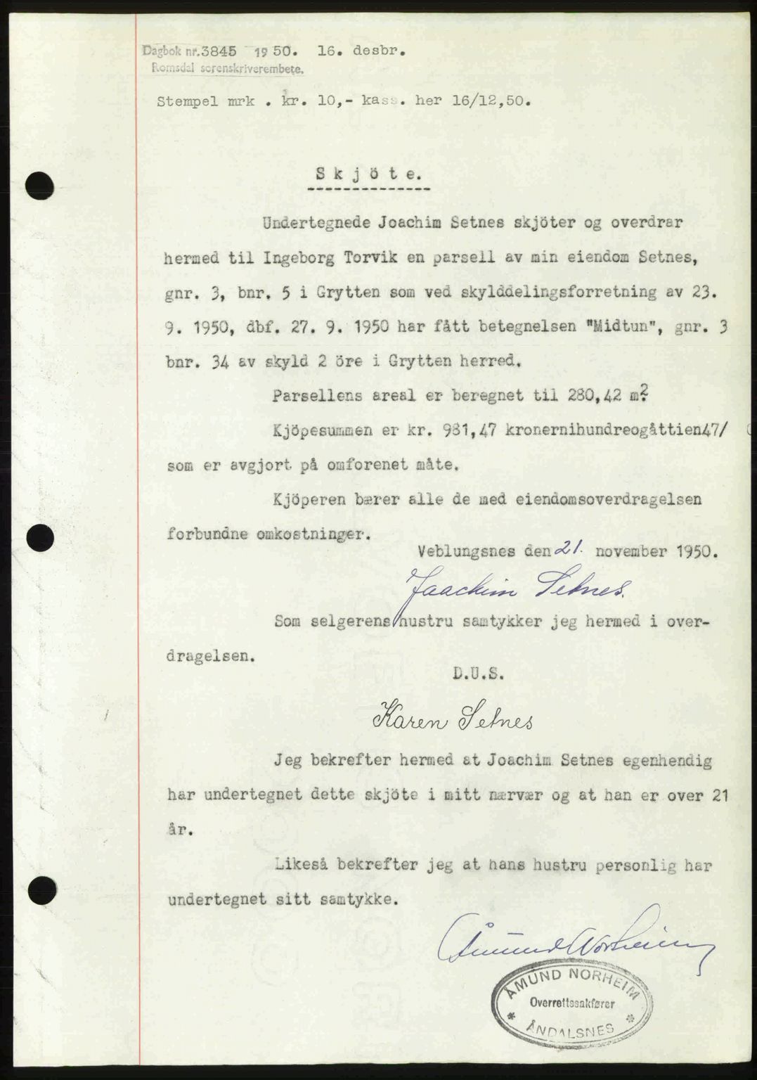 Romsdal sorenskriveri, AV/SAT-A-4149/1/2/2C: Mortgage book no. A35, 1950-1950, Diary no: : 3845/1950