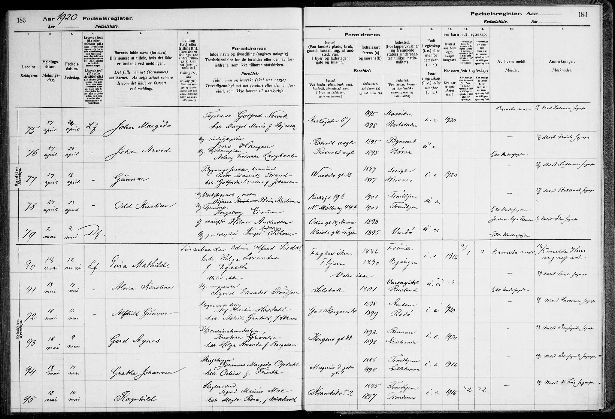 Ministerialprotokoller, klokkerbøker og fødselsregistre - Sør-Trøndelag, AV/SAT-A-1456/600/L0002: Birth register no. 600.II.4.1, 1916-1920, p. 183