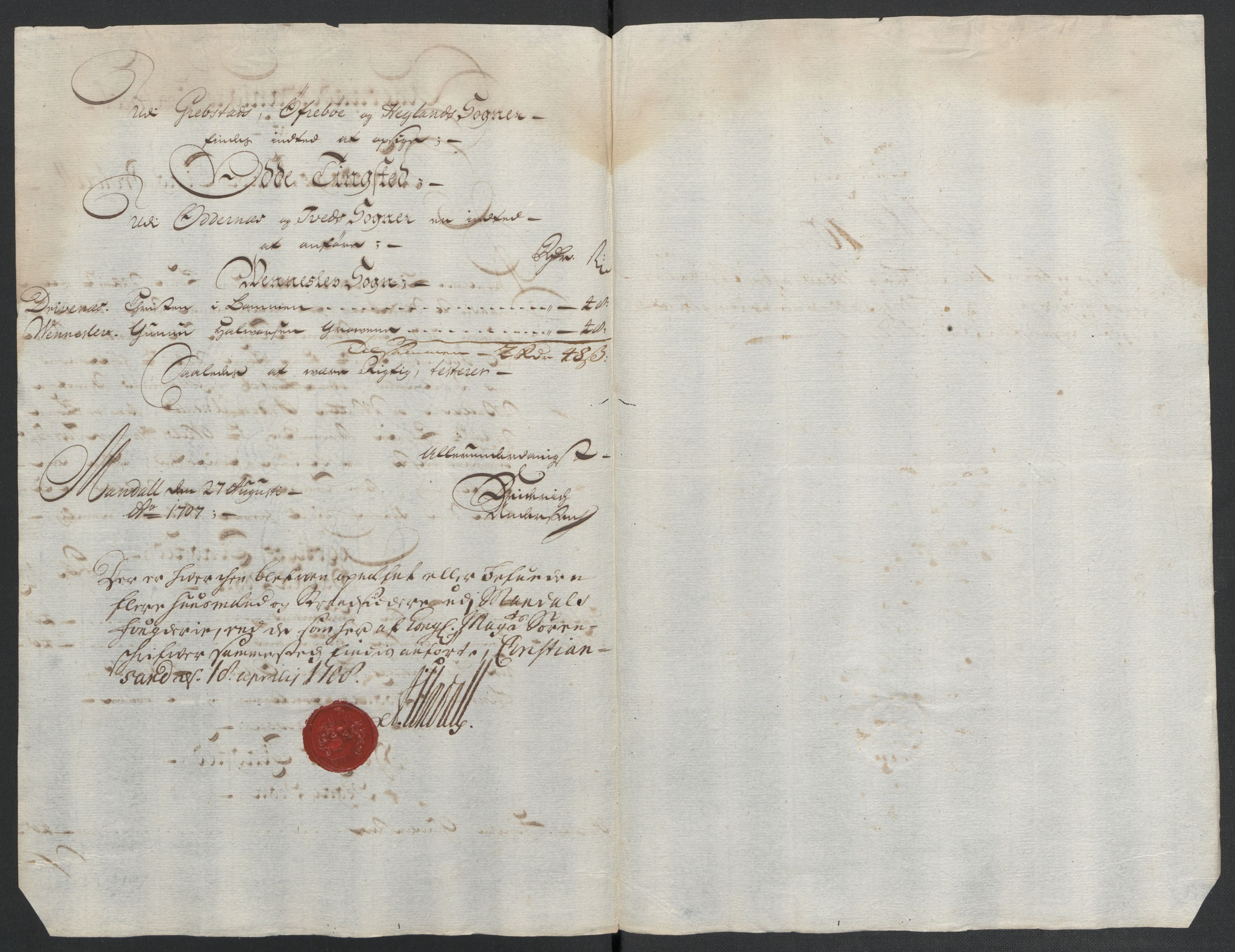 Rentekammeret inntil 1814, Reviderte regnskaper, Fogderegnskap, RA/EA-4092/R43/L2551: Fogderegnskap Lista og Mandal, 1705-1709, p. 463