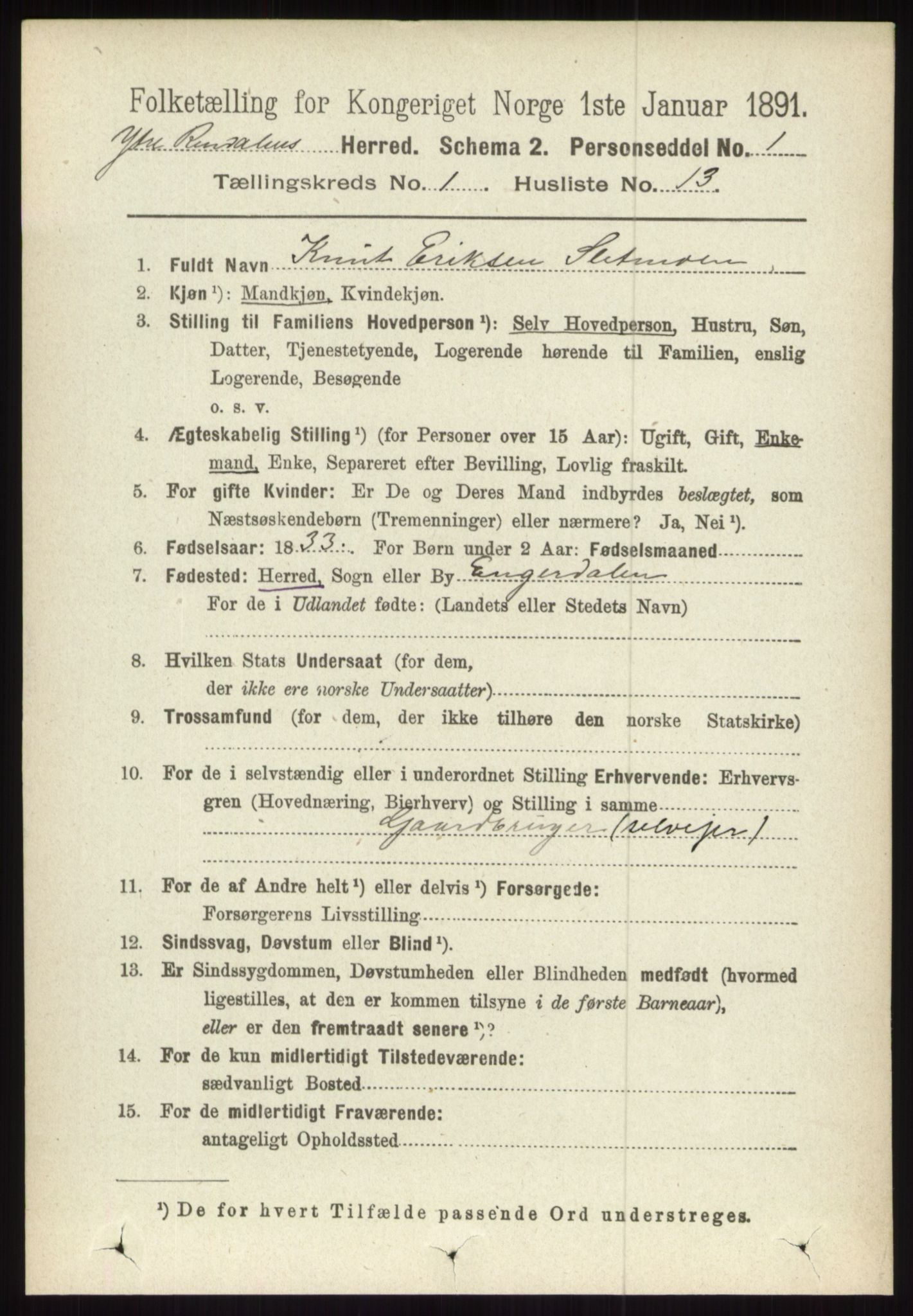 RA, 1891 census for 0432 Ytre Rendal, 1891, p. 182