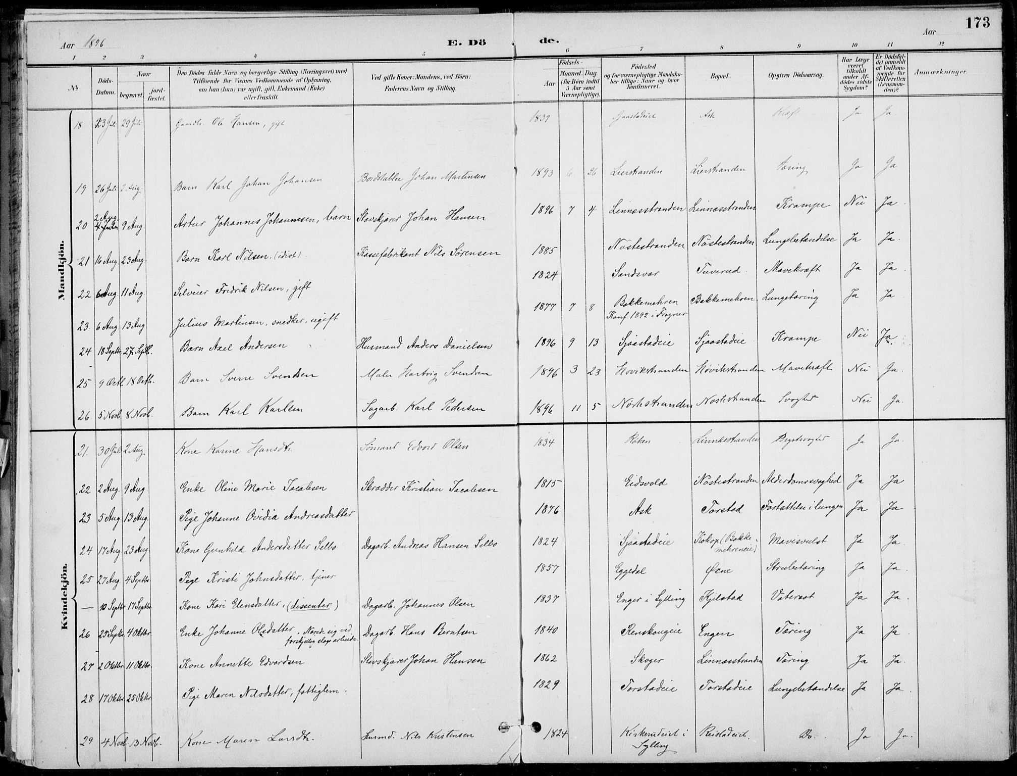 Lier kirkebøker, AV/SAKO-A-230/F/Fa/L0016: Parish register (official) no. I 16, 1895-1900, p. 173