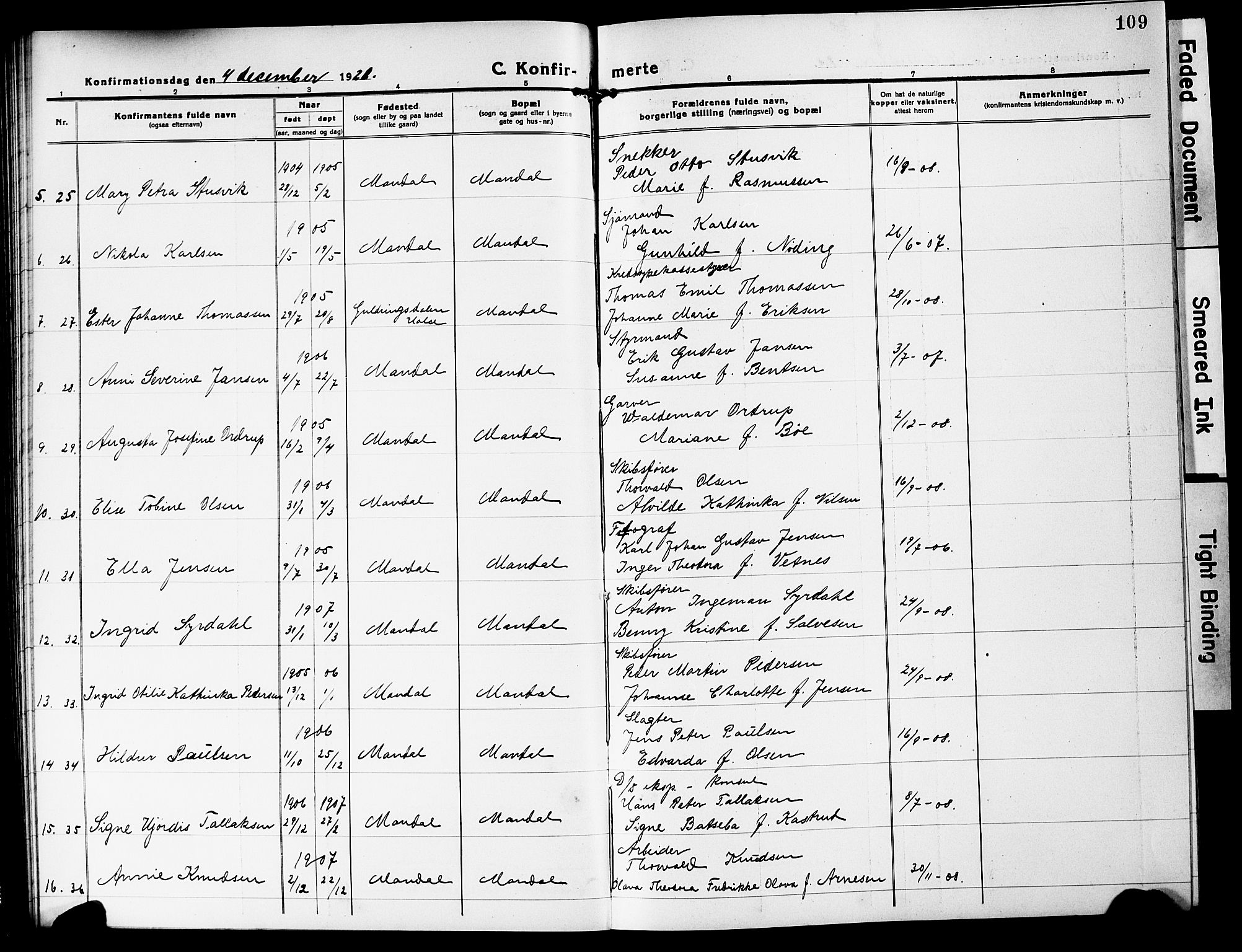 Mandal sokneprestkontor, SAK/1111-0030/F/Fb/Fbc/L0001: Parish register (copy) no. B 1, 1918-1931, p. 109