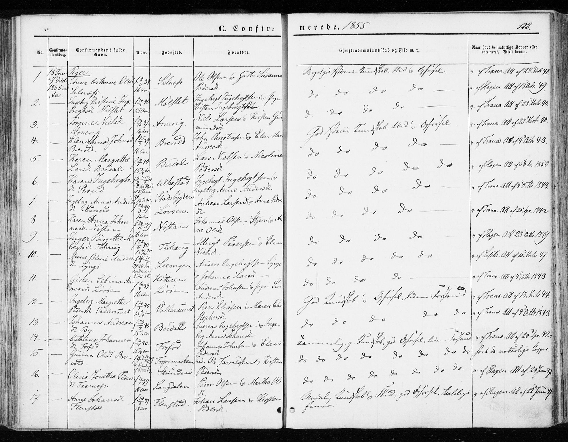 Ministerialprotokoller, klokkerbøker og fødselsregistre - Sør-Trøndelag, AV/SAT-A-1456/655/L0677: Parish register (official) no. 655A06, 1847-1860, p. 122