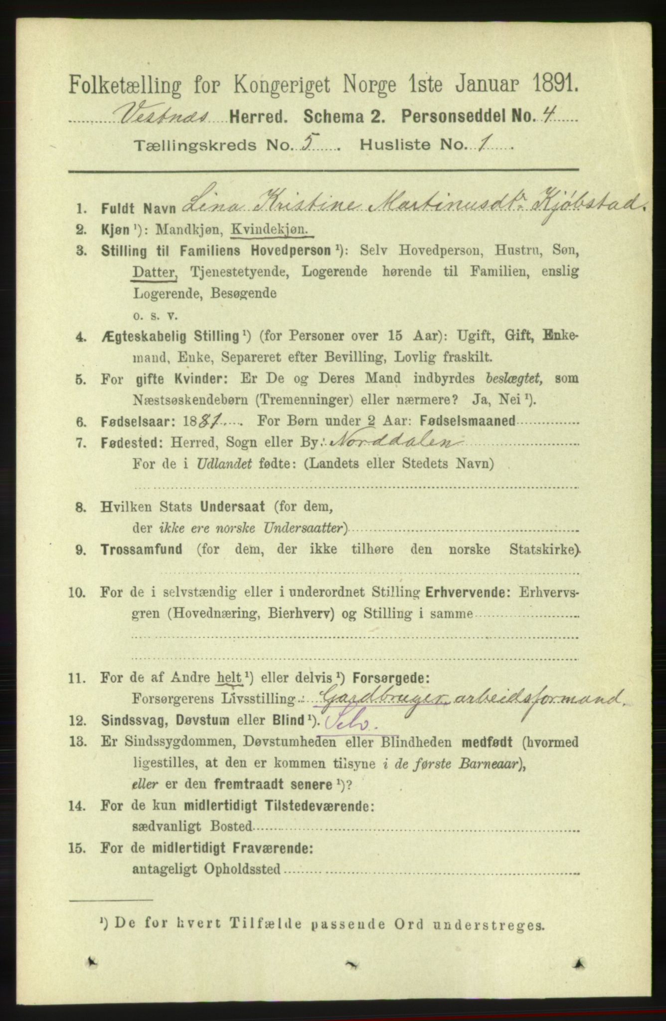 RA, 1891 census for 1535 Vestnes, 1891, p. 1831