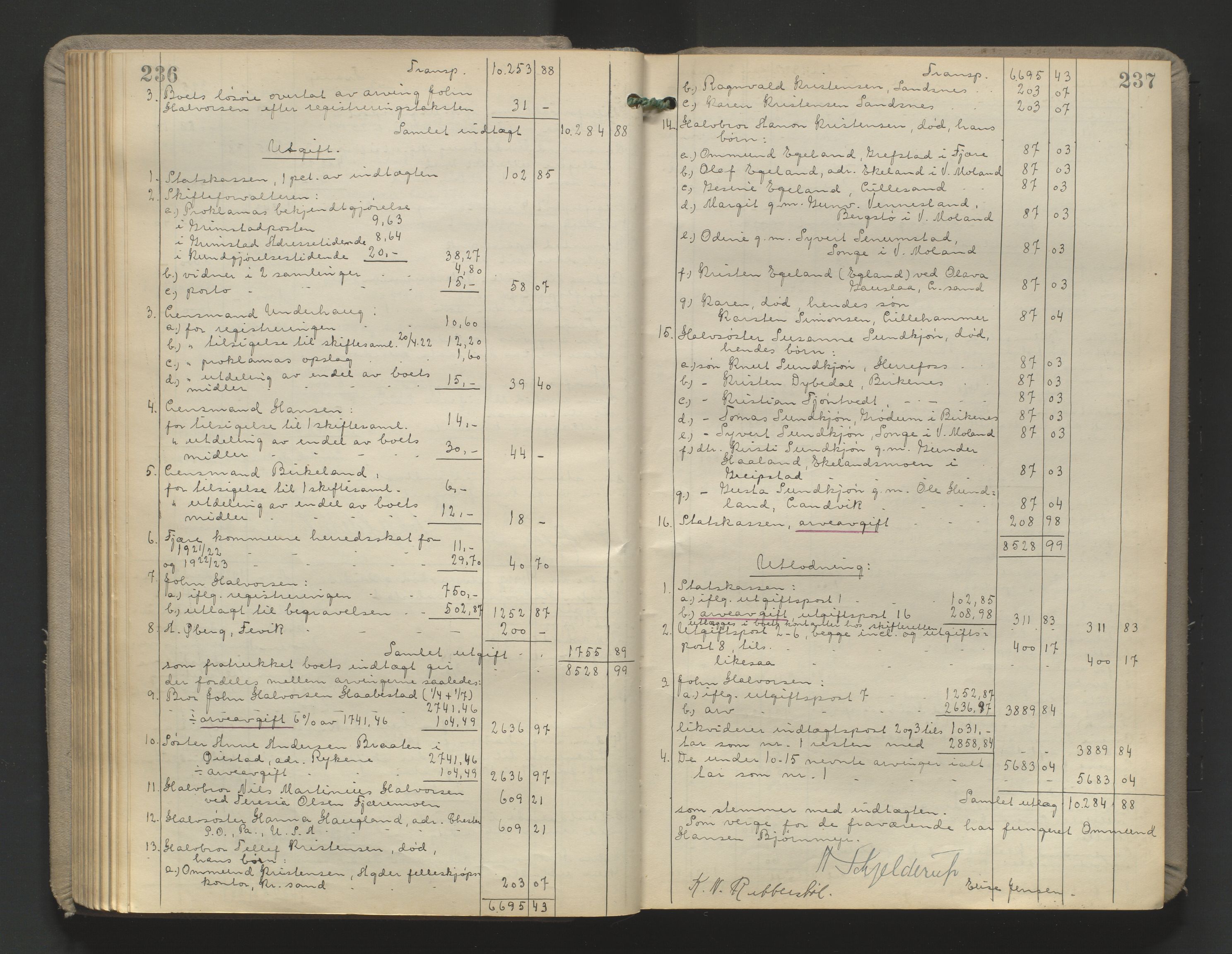 Vestre Nedenes/Sand sorenskriveri, AV/SAK-1221-0010/H/Hc/L0022: Skifteutlodningsprotokoll nr. 9, 1919-1932, p. 236-237
