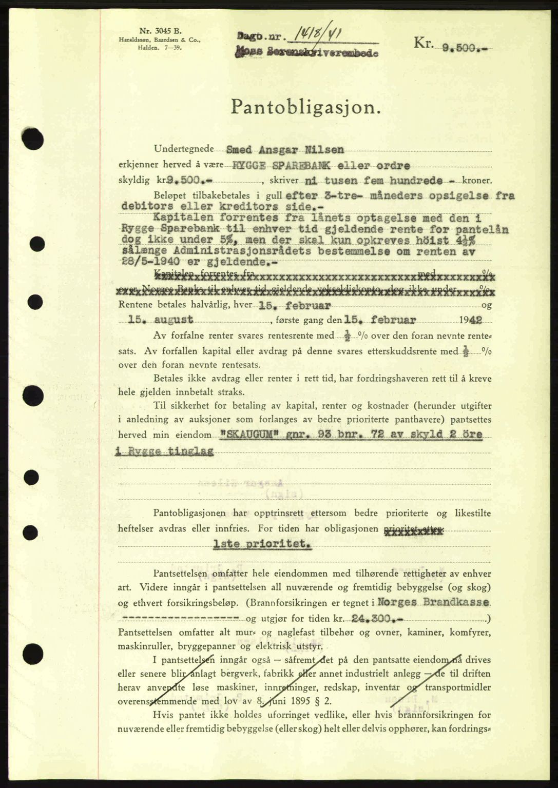 Moss sorenskriveri, AV/SAO-A-10168: Mortgage book no. B11, 1941-1942, Diary no: : 1418/1941