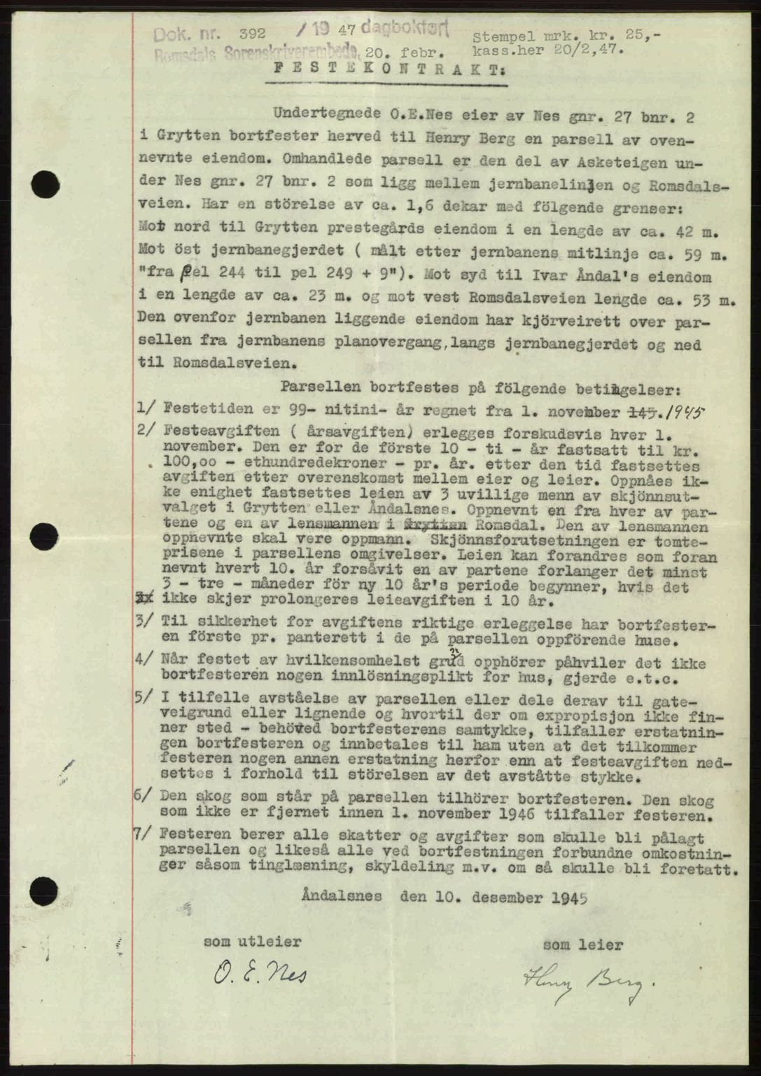 Romsdal sorenskriveri, AV/SAT-A-4149/1/2/2C: Mortgage book no. A22, 1947-1947, Diary no: : 392/1947