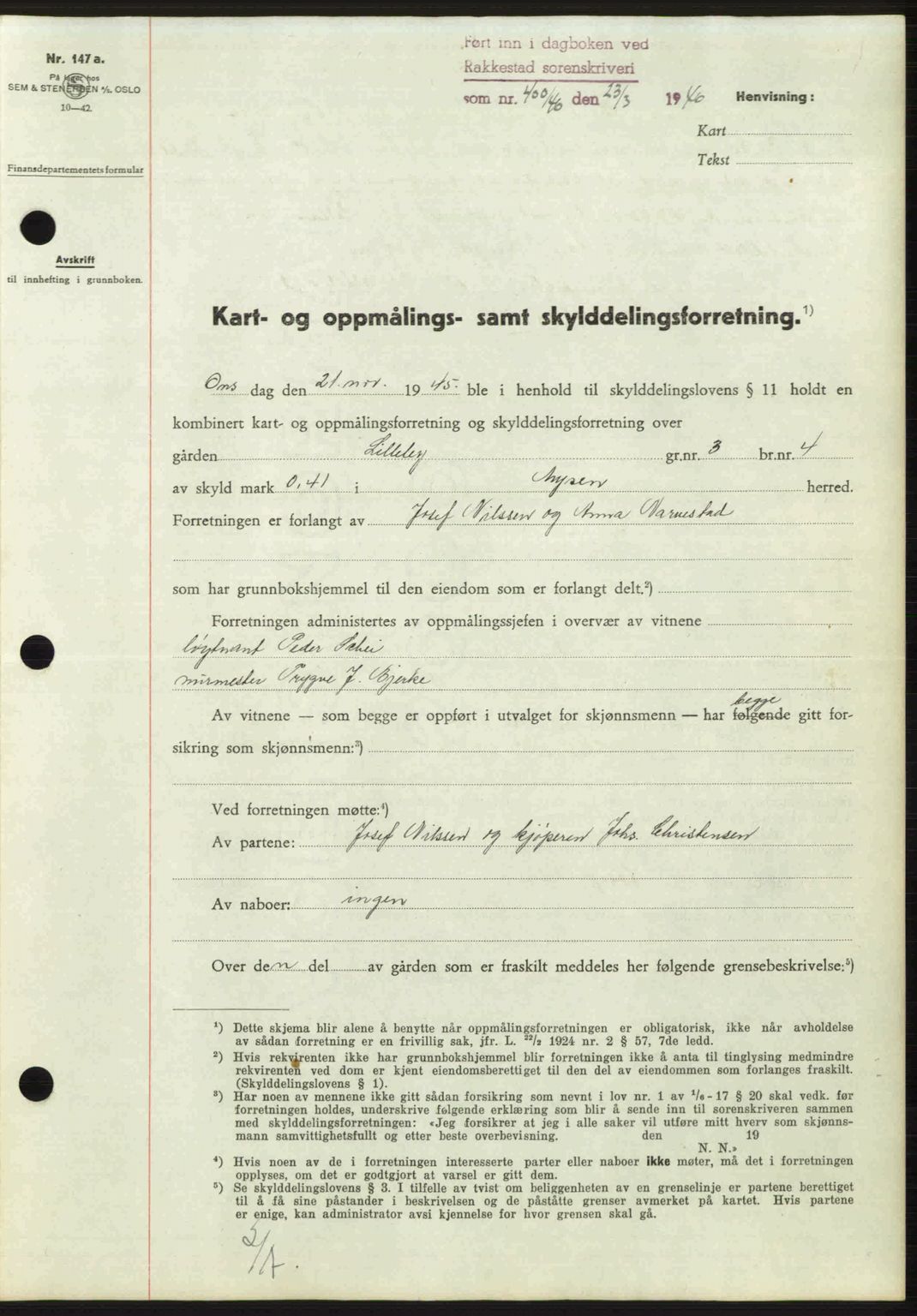 Rakkestad sorenskriveri, AV/SAO-A-10686/G/Gb/Gba/Gbab/L0012a: Mortgage book no. A12 I, 1945-1946, Diary no: : 400/1946