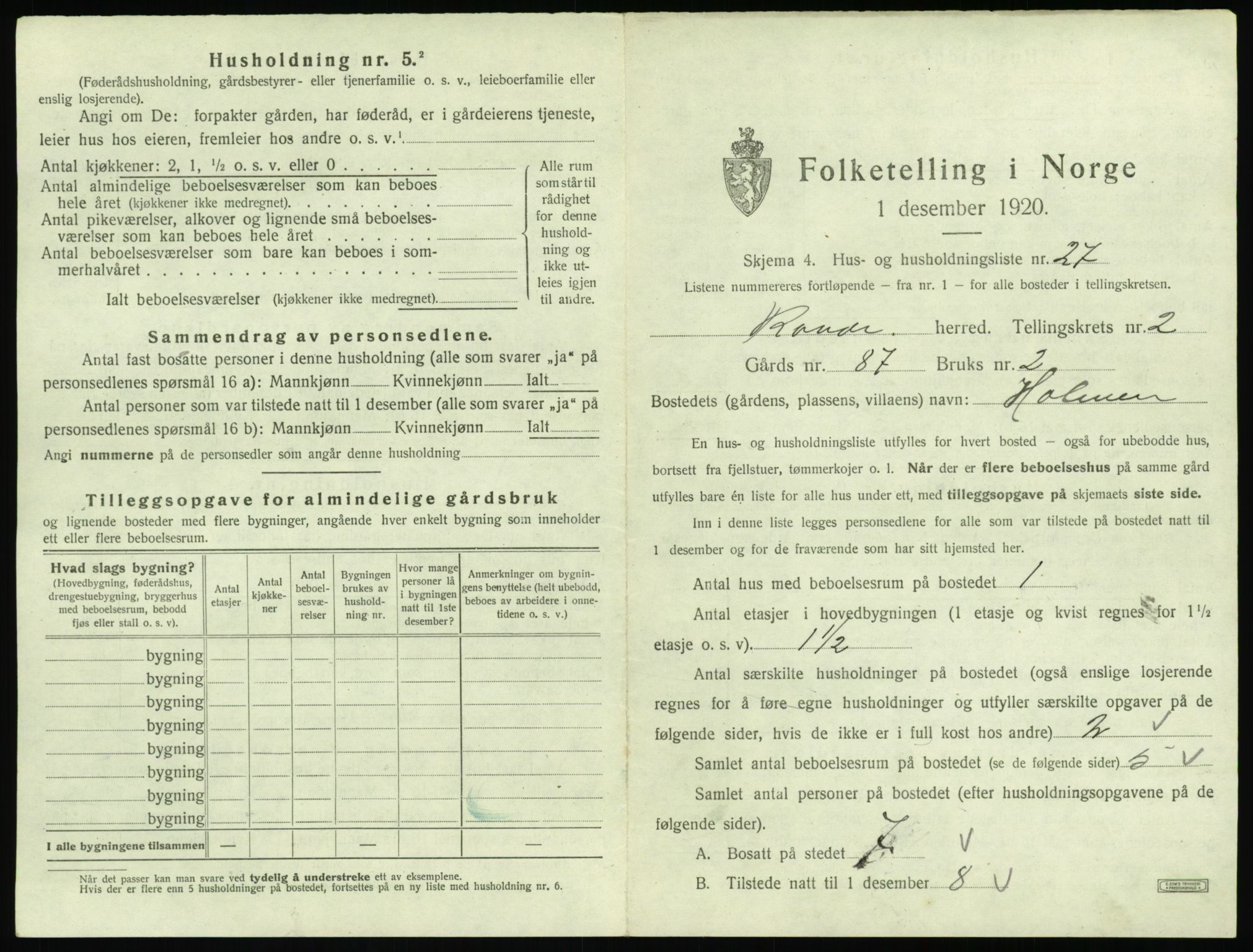 SAT, 1920 census for Rovde, 1920, p. 119