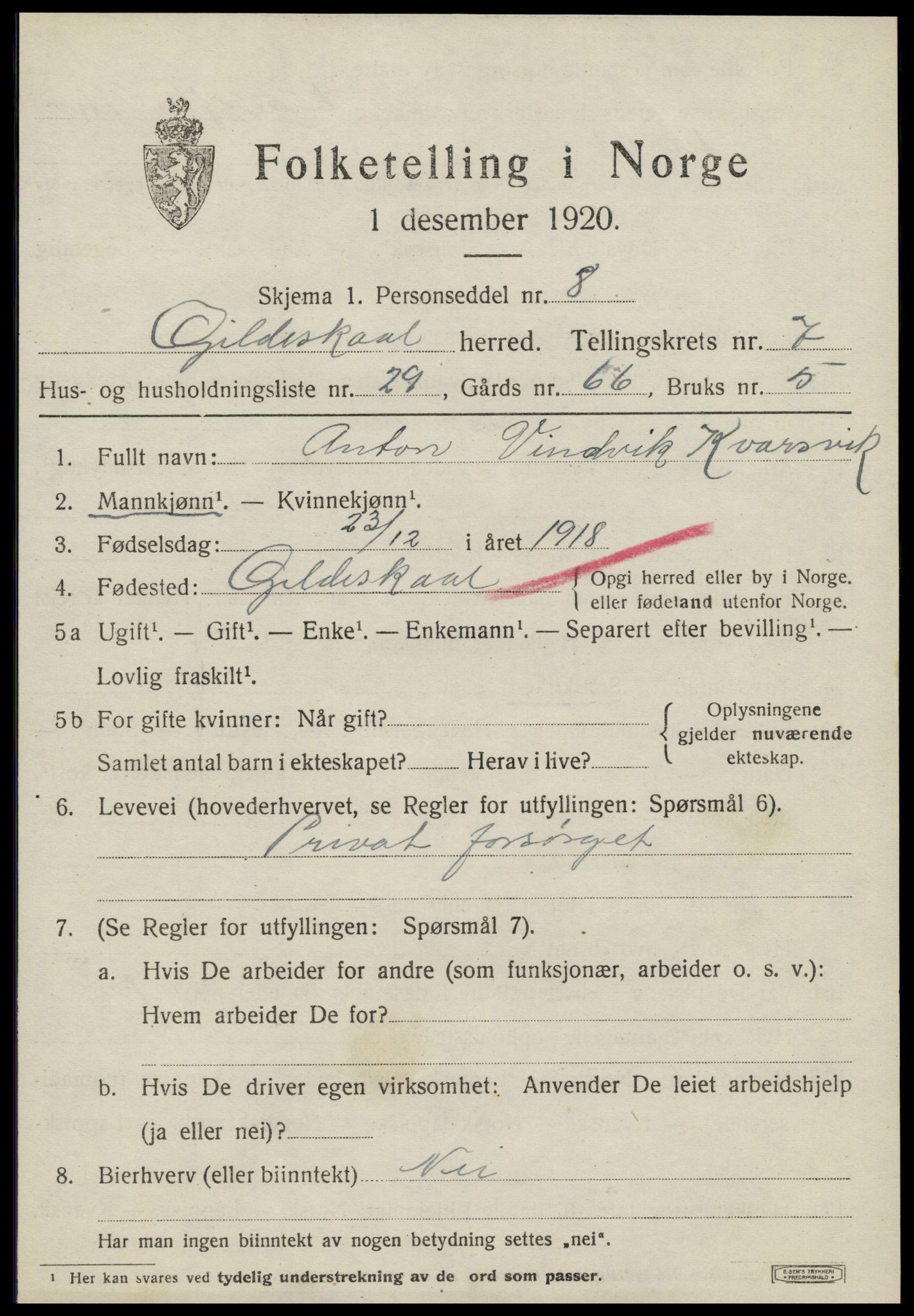 SAT, 1920 census for Gildeskål, 1920, p. 5396