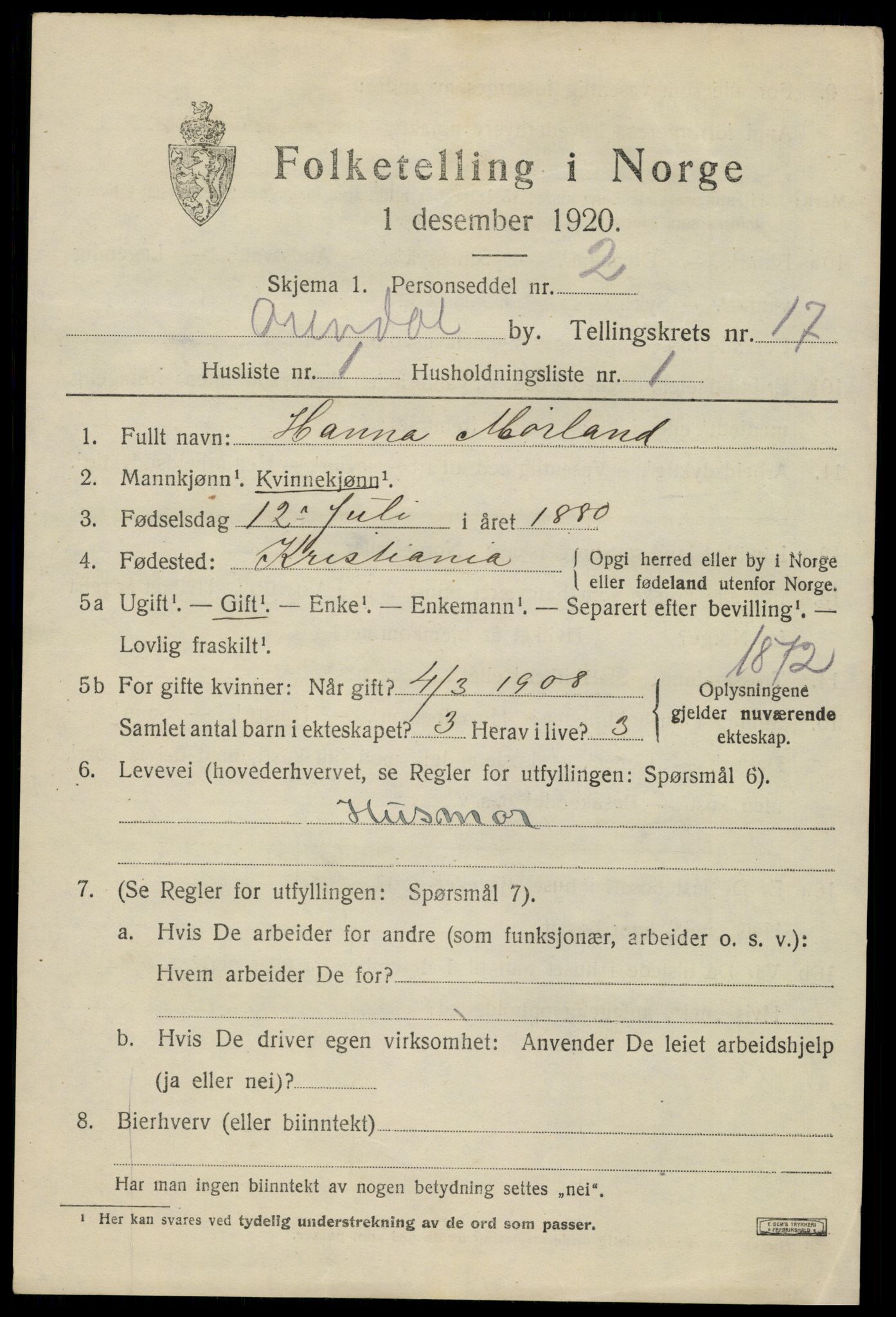 SAK, 1920 census for Arendal, 1920, p. 24048