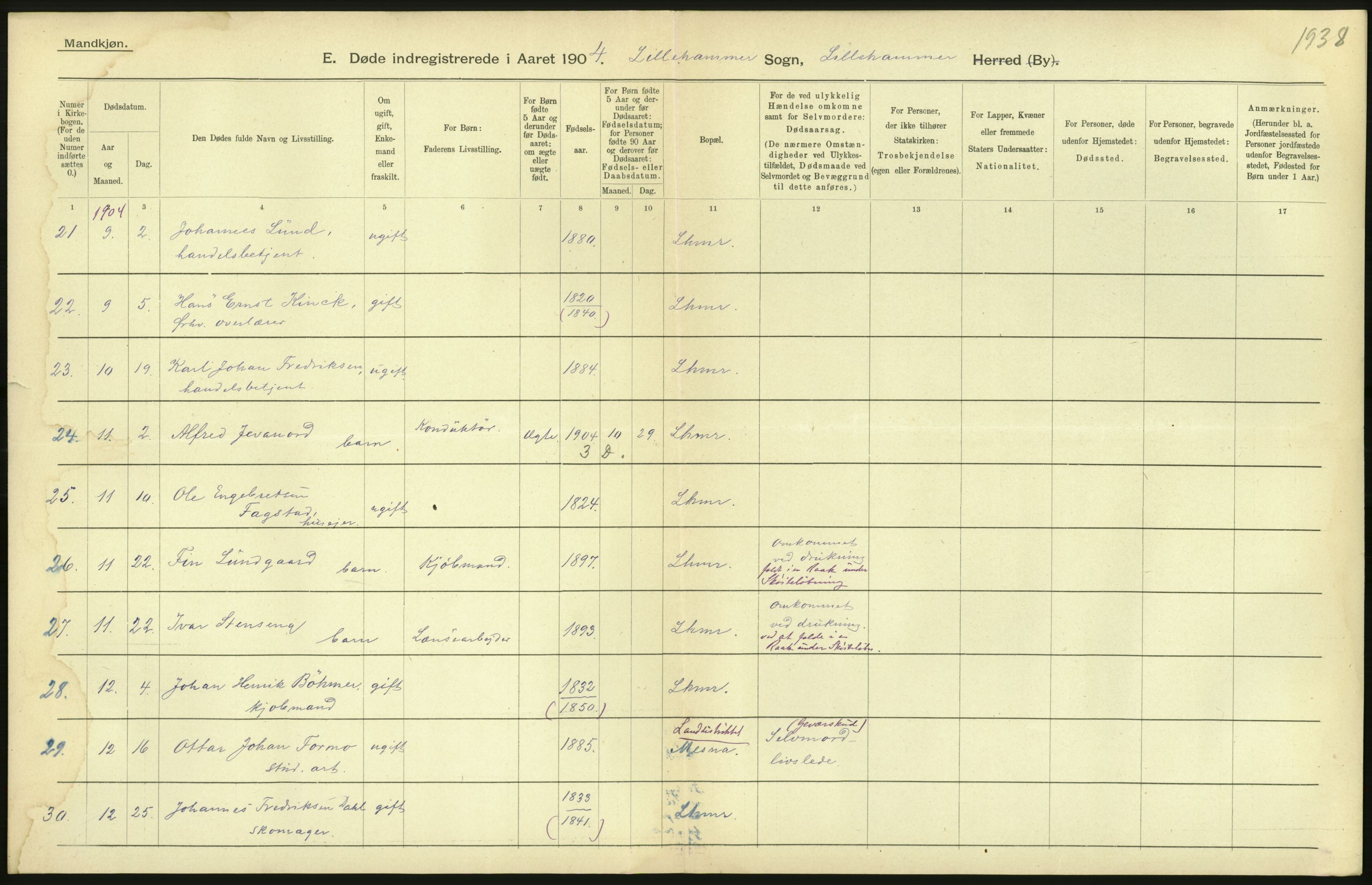 Statistisk sentralbyrå, Sosiodemografiske emner, Befolkning, AV/RA-S-2228/D/Df/Dfa/Dfab/L0006: Kristians amt: Fødte, gifte, døde, 1904, p. 892