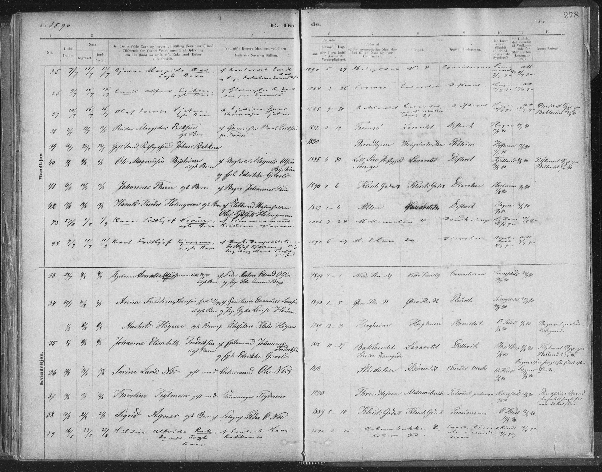 Ministerialprotokoller, klokkerbøker og fødselsregistre - Sør-Trøndelag, AV/SAT-A-1456/603/L0162: Parish register (official) no. 603A01, 1879-1895, p. 278