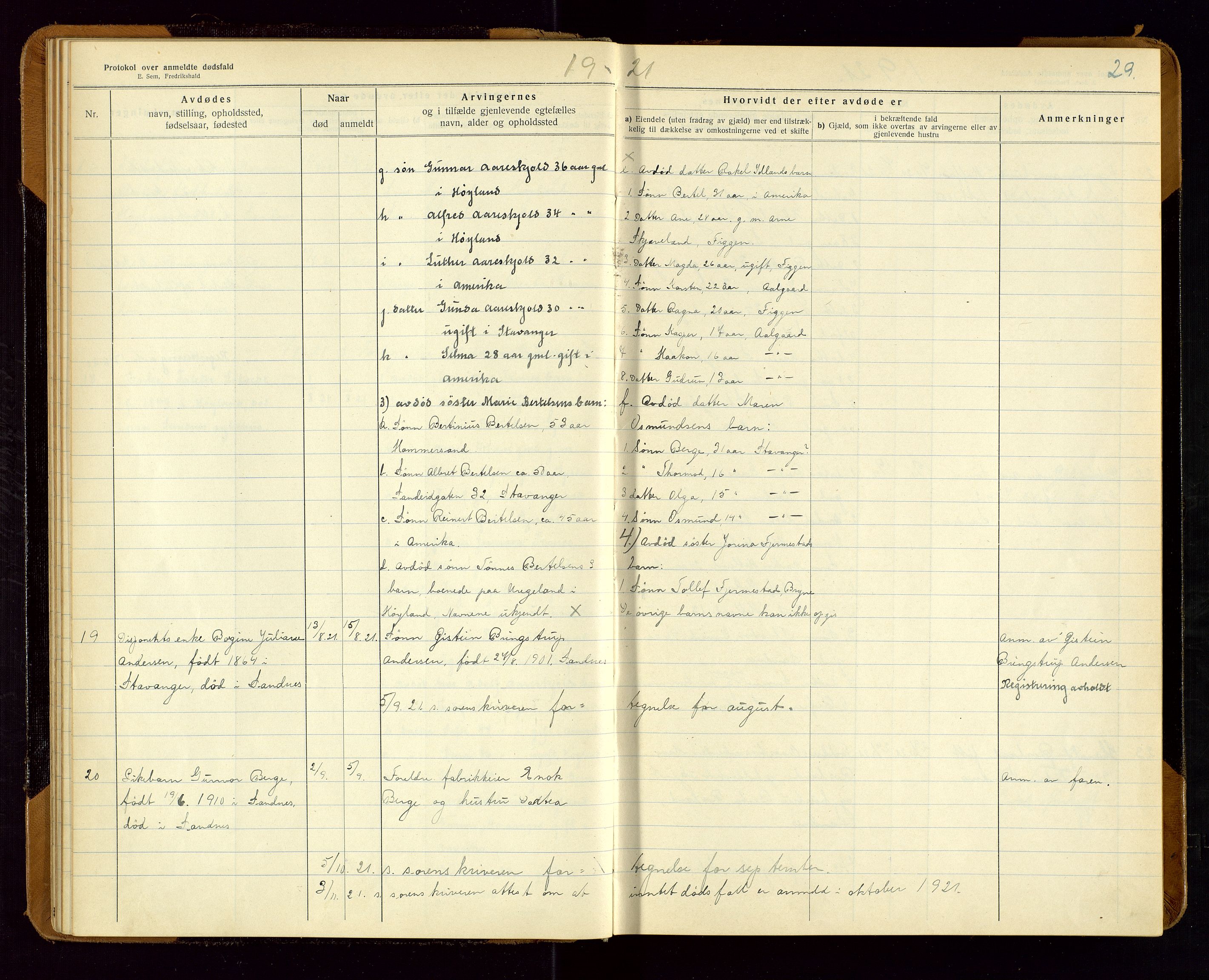 Sandnes lensmannskontor, SAST/A-100167/Gga/L0001: "Protokol over anmeldte dødsfald" m/register, 1918-1940, p. 29
