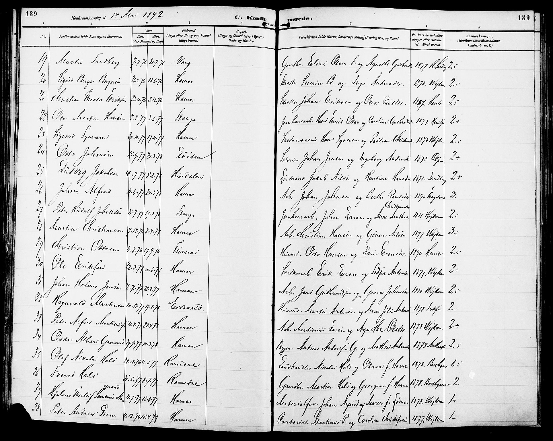Vang prestekontor, Hedmark, SAH/PREST-008/H/Ha/Haa/L0017: Parish register (official) no. 17, 1890-1899, p. 139