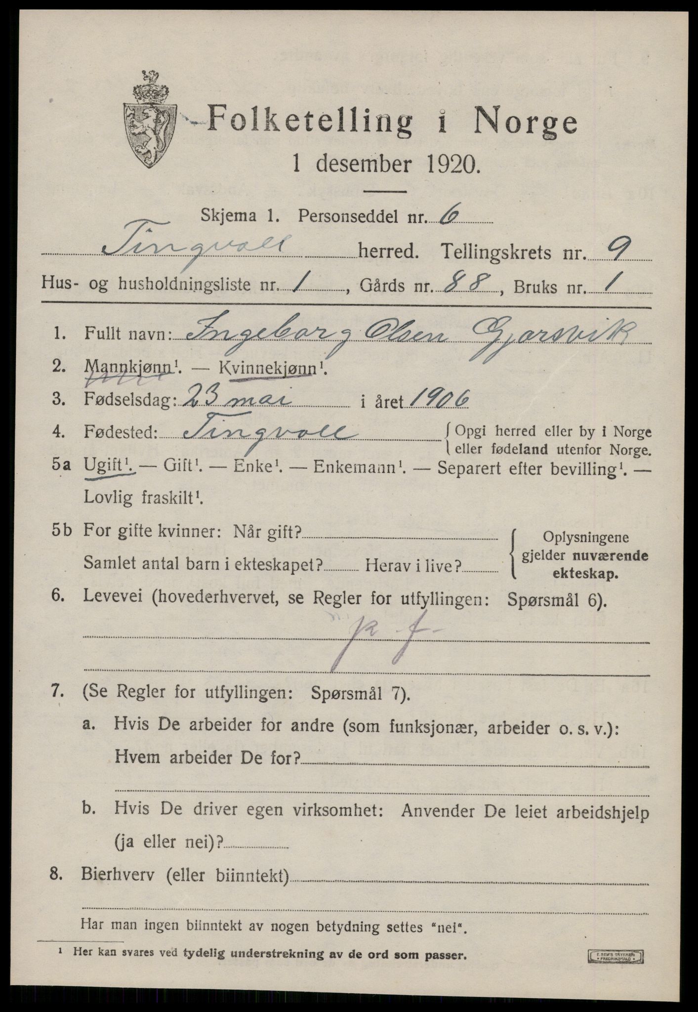 SAT, 1920 census for Tingvoll, 1920, p. 5104