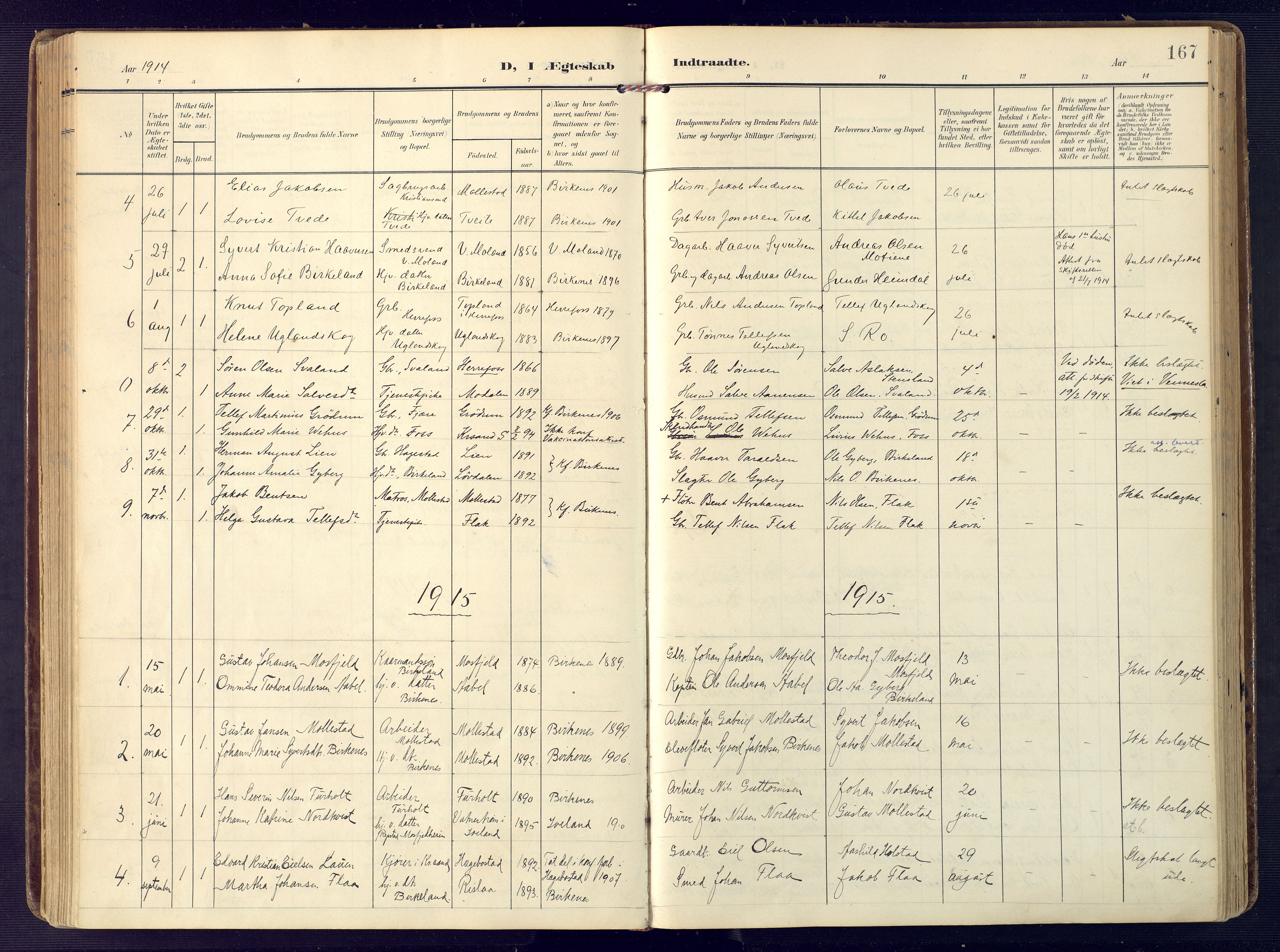 Birkenes sokneprestkontor, SAK/1111-0004/F/Fa/L0006: Parish register (official) no. A 6, 1908-1932, p. 167
