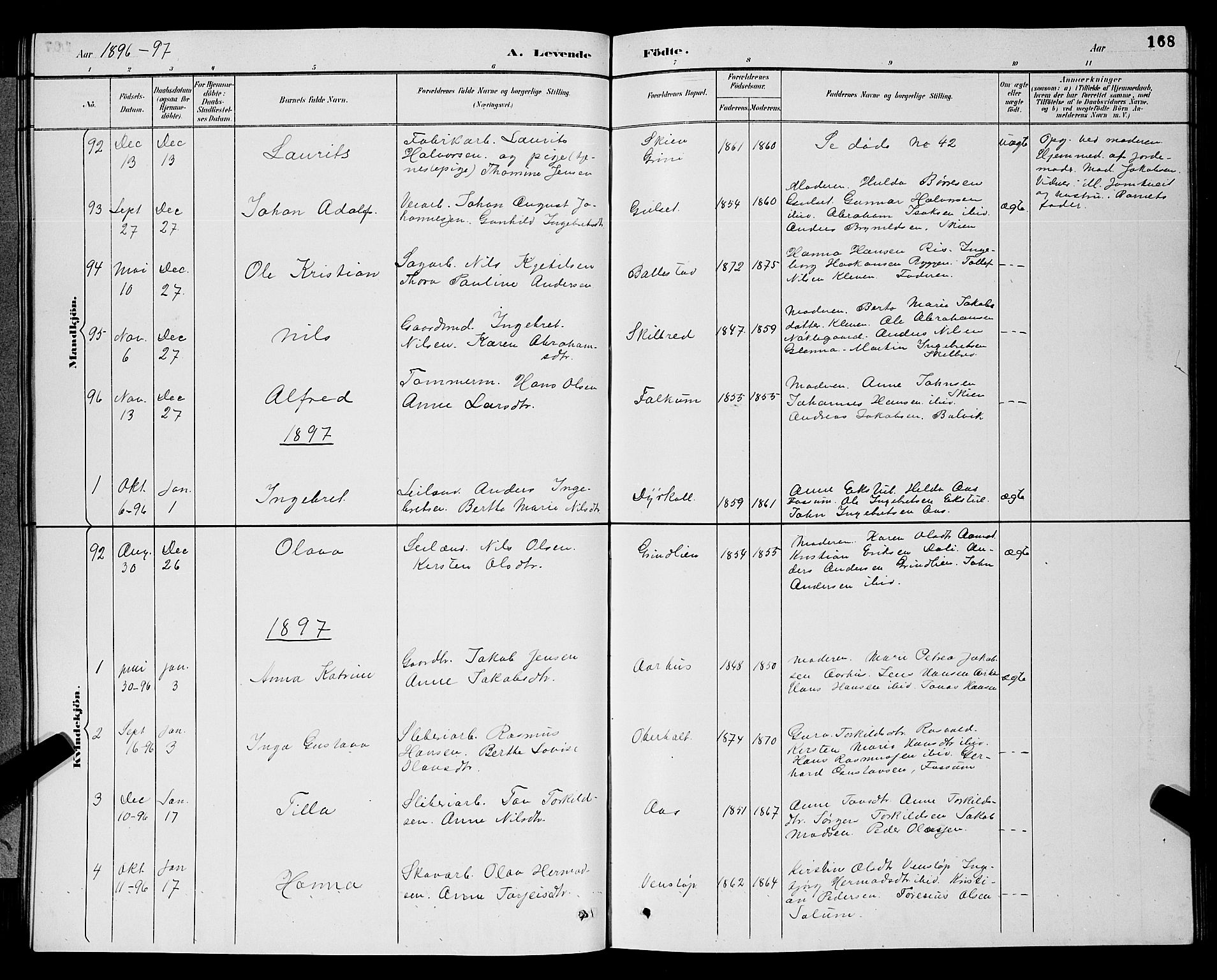Gjerpen kirkebøker, SAKO/A-265/G/Ga/L0002: Parish register (copy) no. I 2, 1883-1900, p. 168