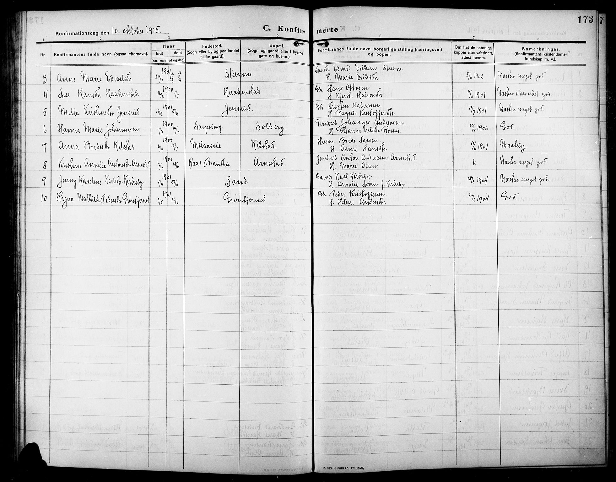 Lunner prestekontor, SAH/PREST-118/H/Ha/Hab/L0001: Parish register (copy) no. 1, 1909-1922, p. 173