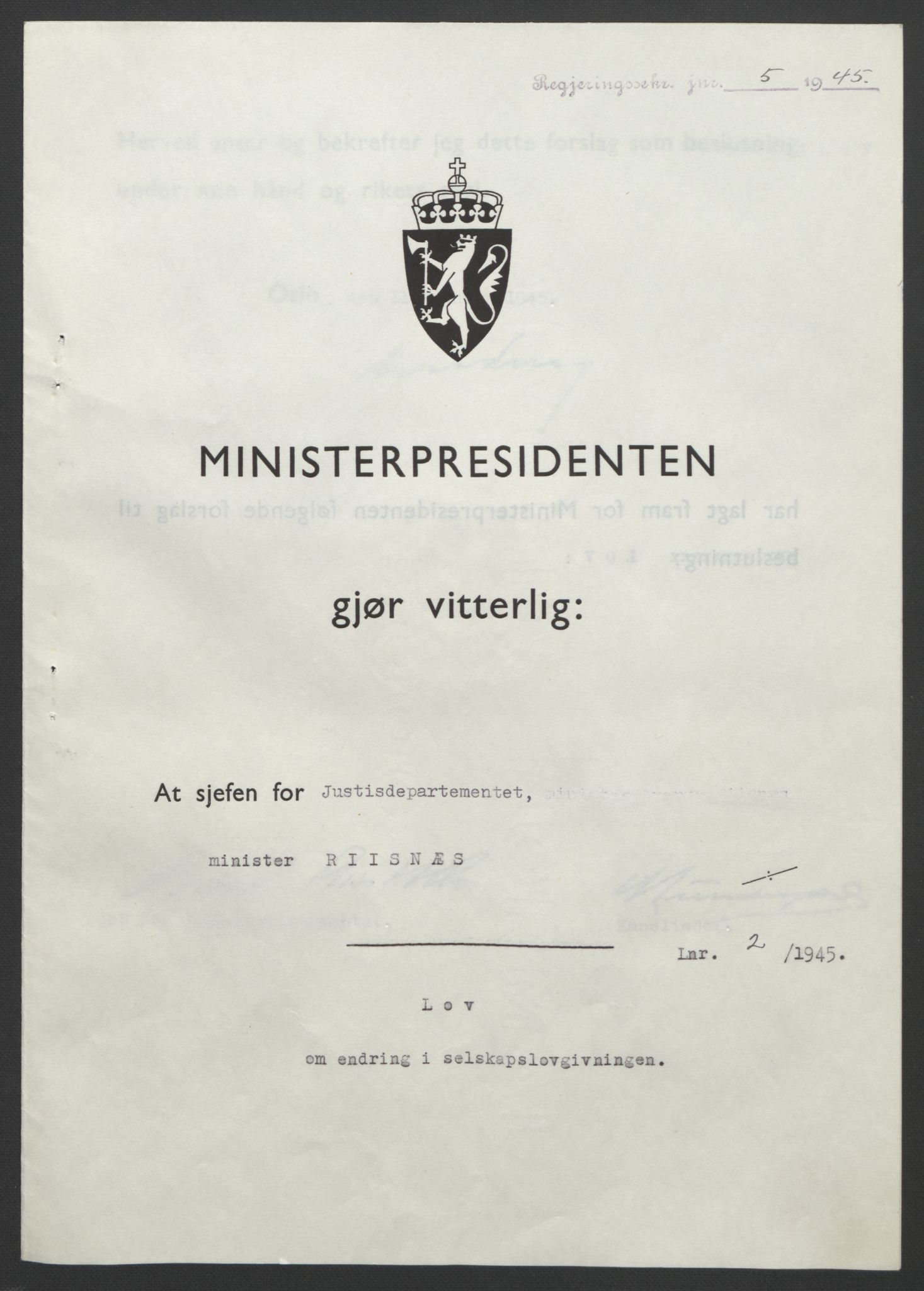 NS-administrasjonen 1940-1945 (Statsrådsekretariatet, de kommisariske statsråder mm), RA/S-4279/D/Db/L0101/0001: -- / Lover og vedtak, 1945, p. 7