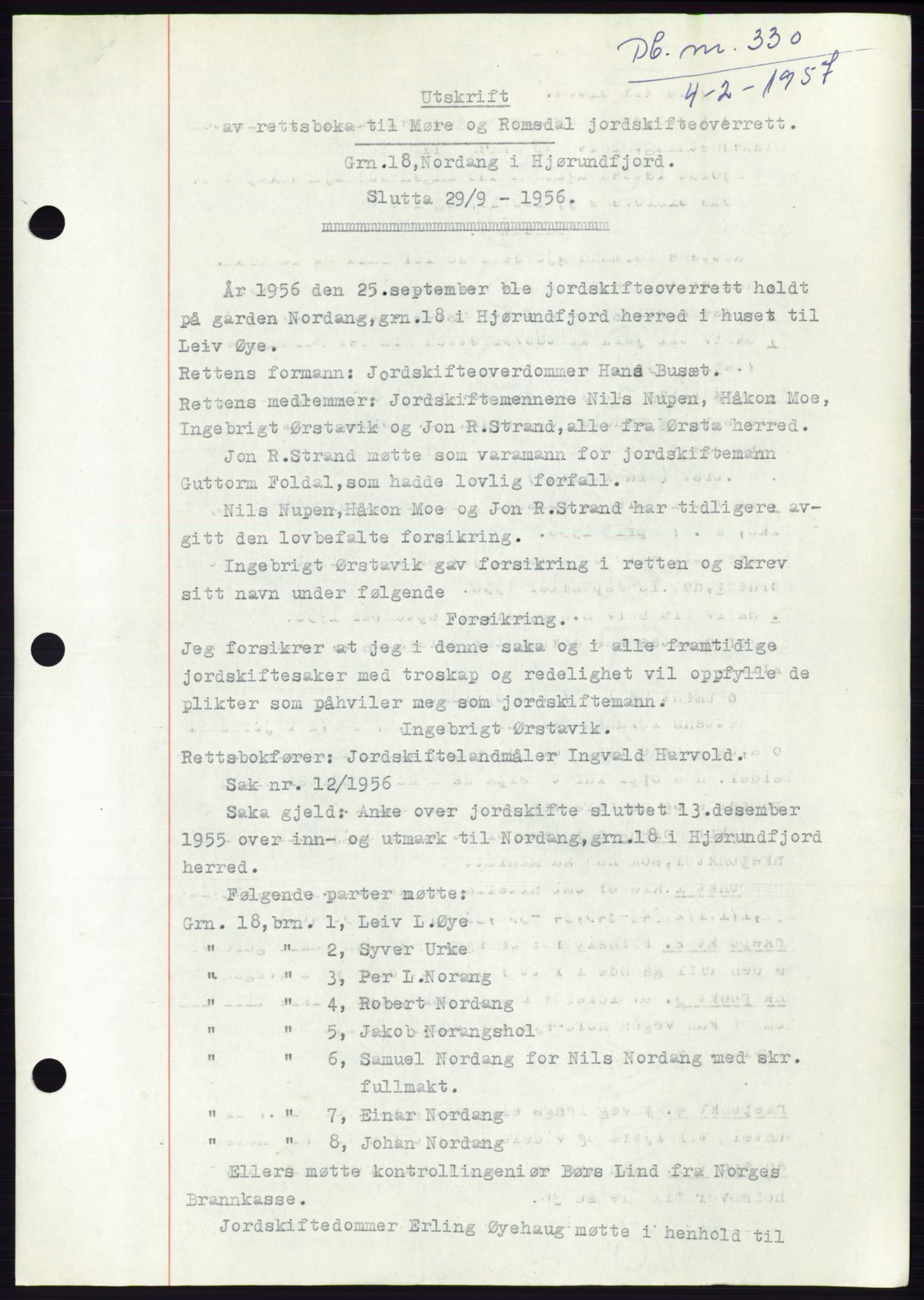 Søre Sunnmøre sorenskriveri, AV/SAT-A-4122/1/2/2C/L0105: Mortgage book no. 31A, 1956-1957, Diary no: : 330/1957