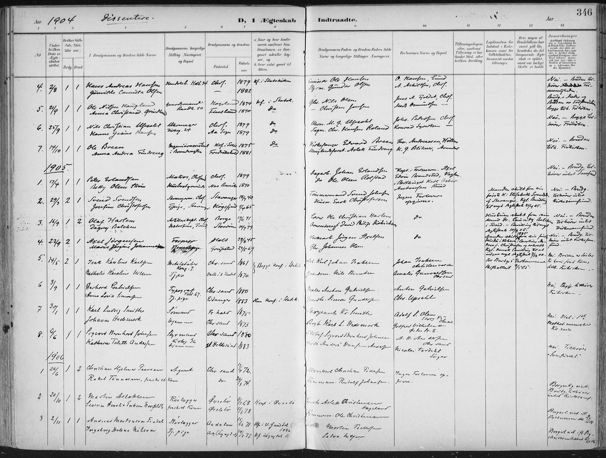 Kristiansand domprosti, AV/SAK-1112-0006/F/Fa/L0021: Parish register (official) no. A 20, 1898-1908, p. 346