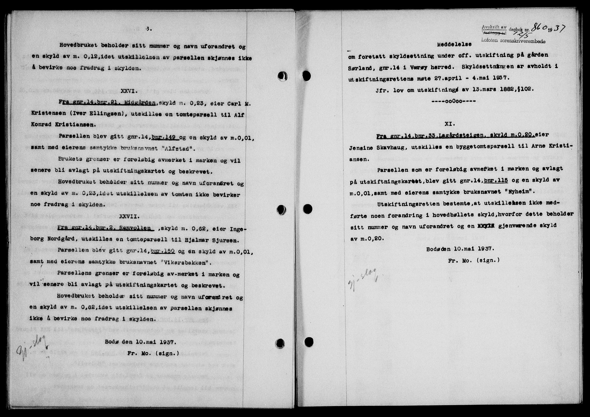 Lofoten sorenskriveri, SAT/A-0017/1/2/2C/L0002a: Mortgage book no. 2a, 1937-1937, Diary no: : 860/1937