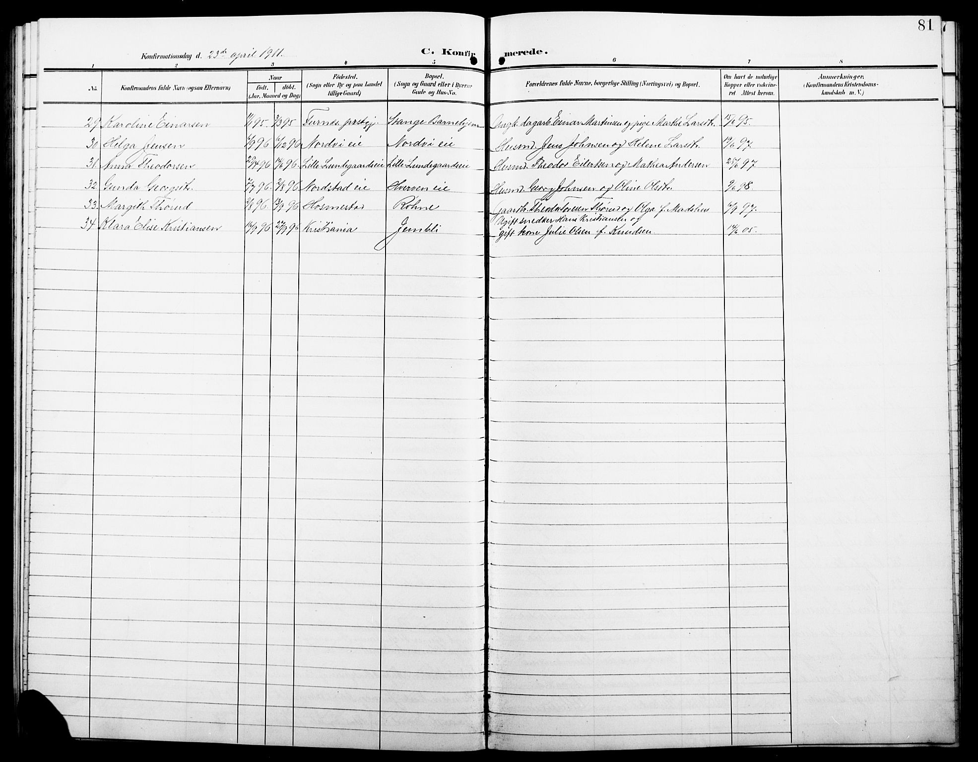 Stange prestekontor, AV/SAH-PREST-002/L/L0013: Parish register (copy) no. 13, 1906-1915, p. 81