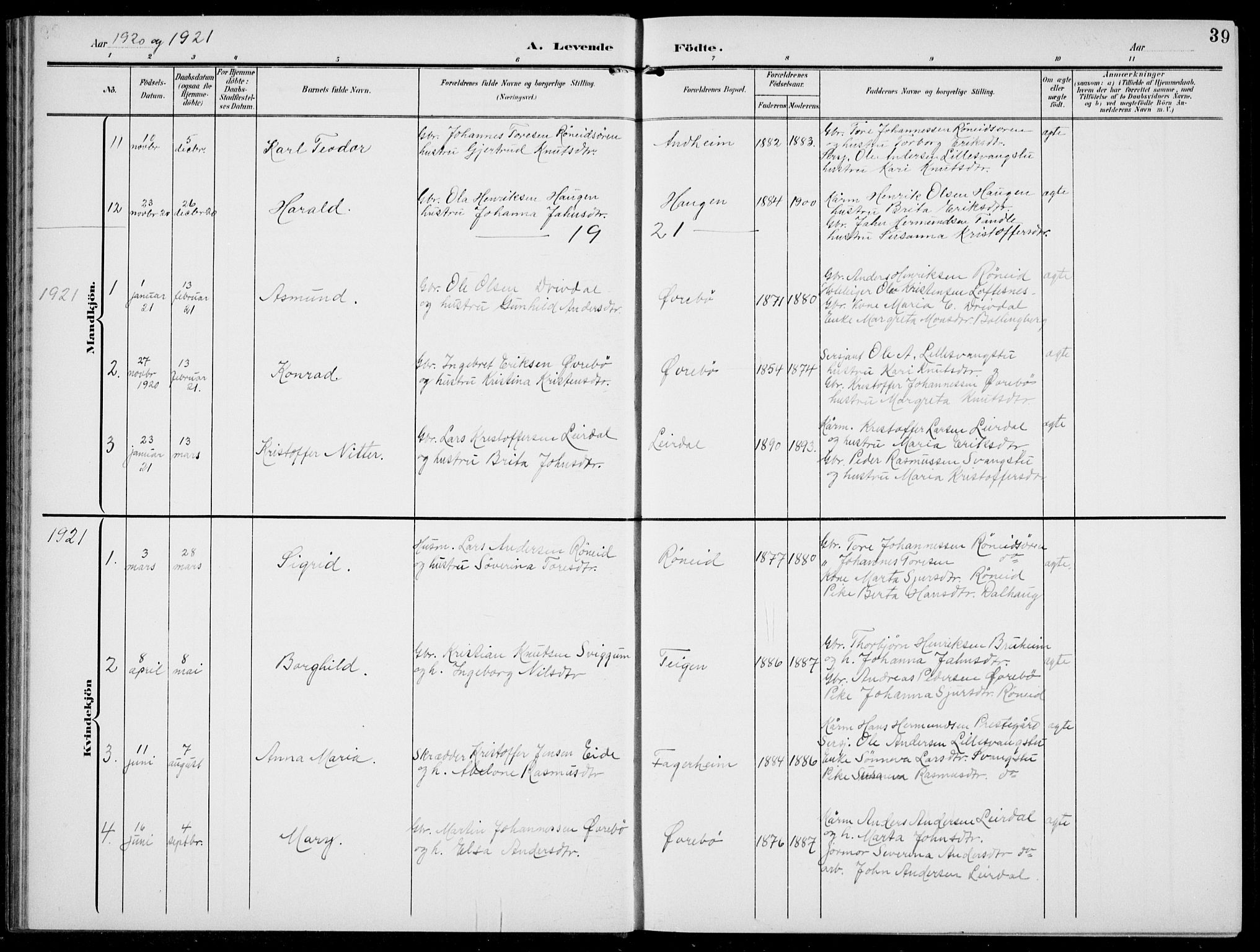 Jostedal sokneprestembete, AV/SAB-A-80601/H/Hab/Habc/L0001: Parish register (copy) no. C 1, 1903-1939, p. 39