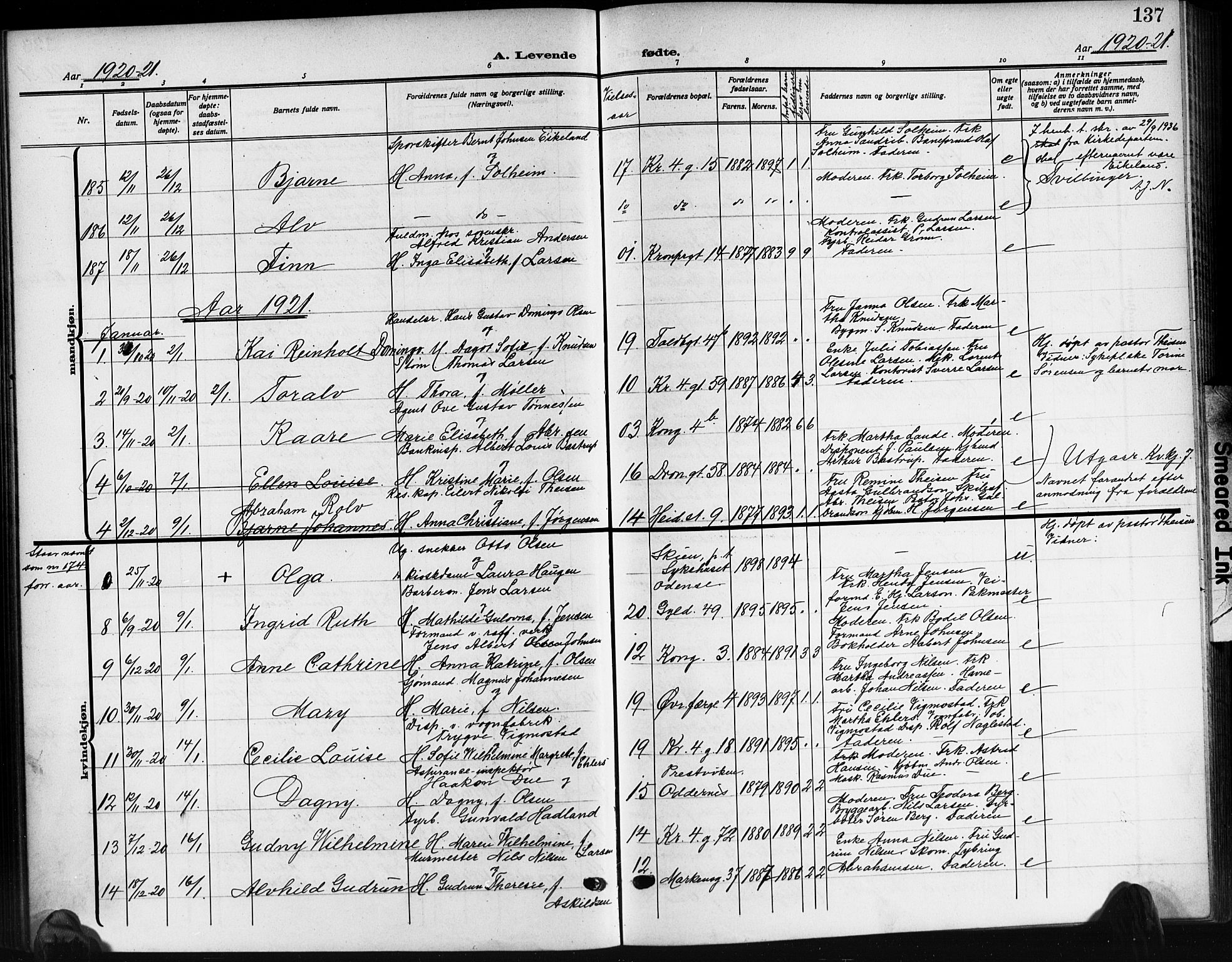 Kristiansand domprosti, SAK/1112-0006/F/Fb/L0021: Parish register (copy) no. B 21, 1914-1923, p. 137