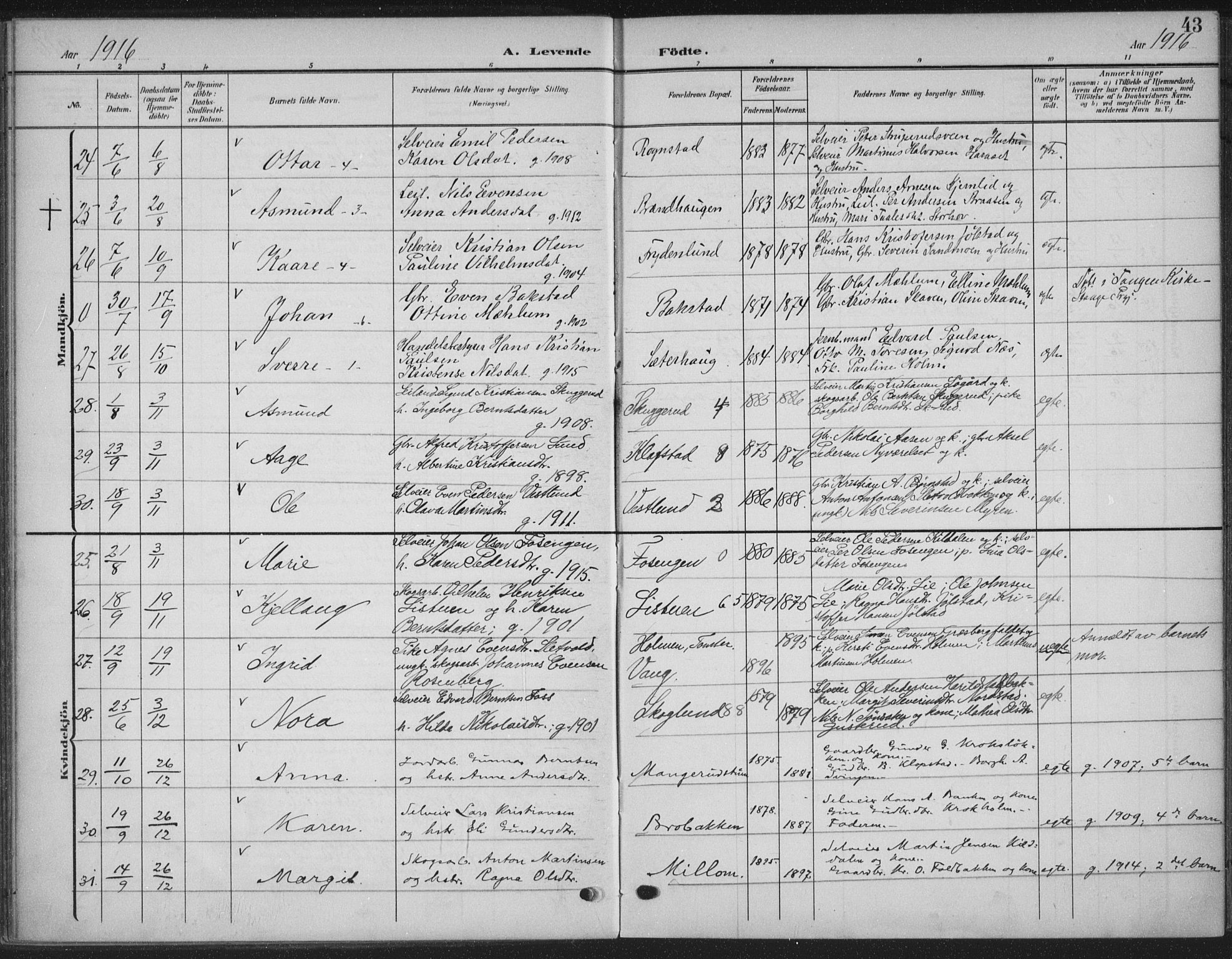 Romedal prestekontor, AV/SAH-PREST-004/K/L0009: Parish register (official) no. 9, 1906-1929, p. 43