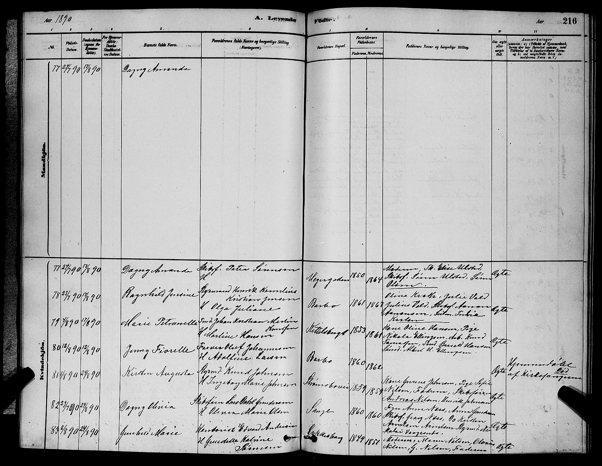 Barbu sokneprestkontor, SAK/1111-0003/F/Fb/L0001: Parish register (copy) no. B 1, 1878-1890, p. 216