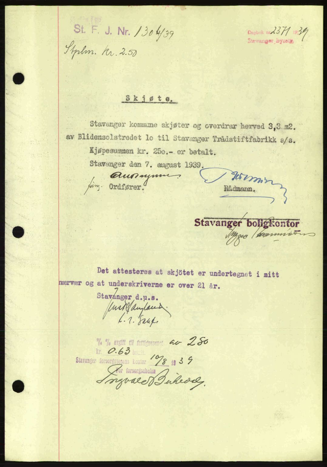 Stavanger byrett, SAST/A-100455/002/G/Gb/L0014: Mortgage book no. A4, 1938-1939, Diary no: : 2371/1939