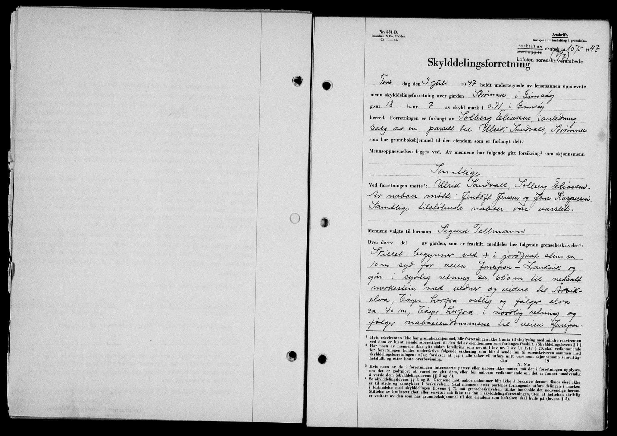 Lofoten sorenskriveri, SAT/A-0017/1/2/2C/L0016a: Mortgage book no. 16a, 1947-1947, Diary no: : 1075/1947