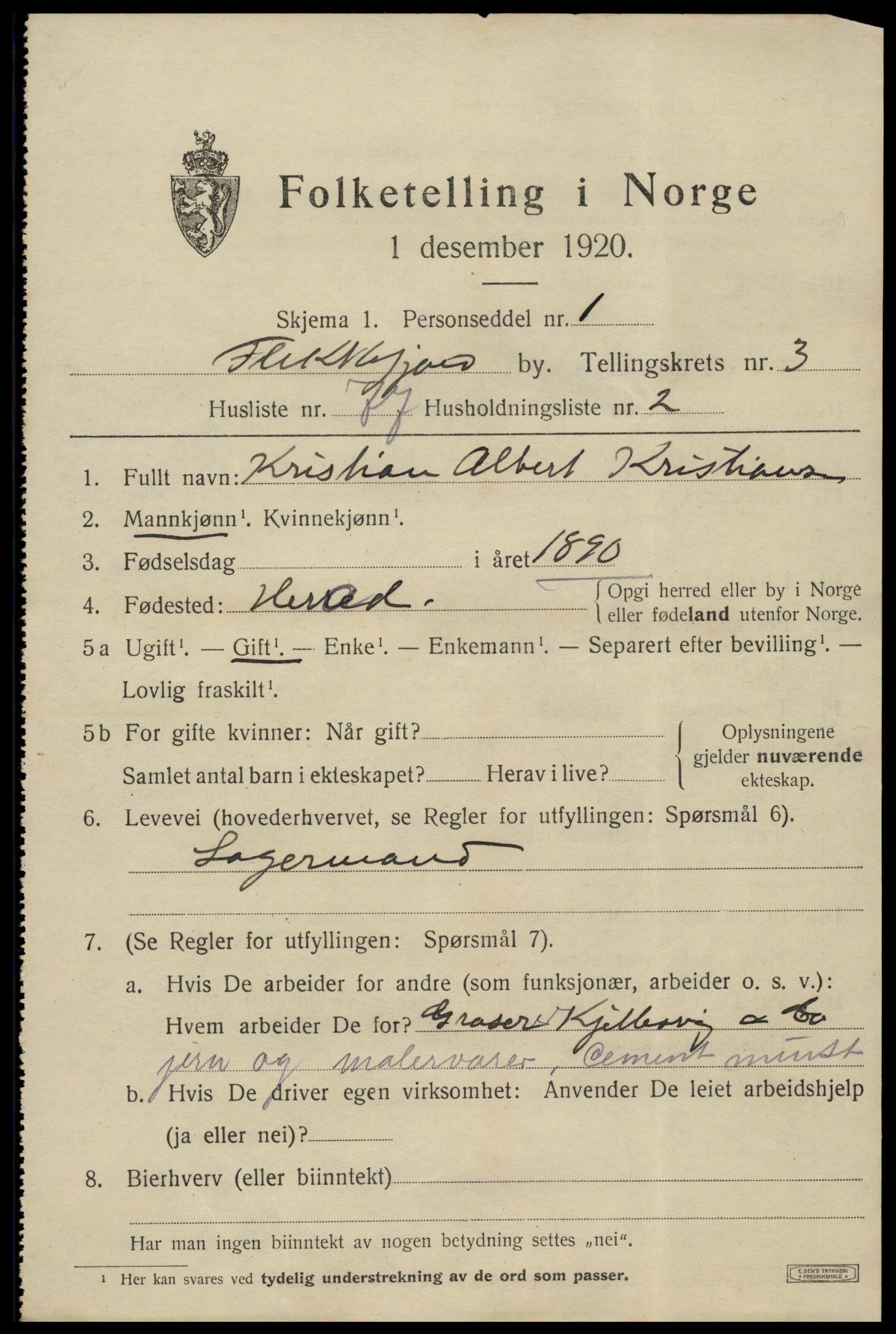 SAK, 1920 census for Flekkefjord, 1920, p. 4430