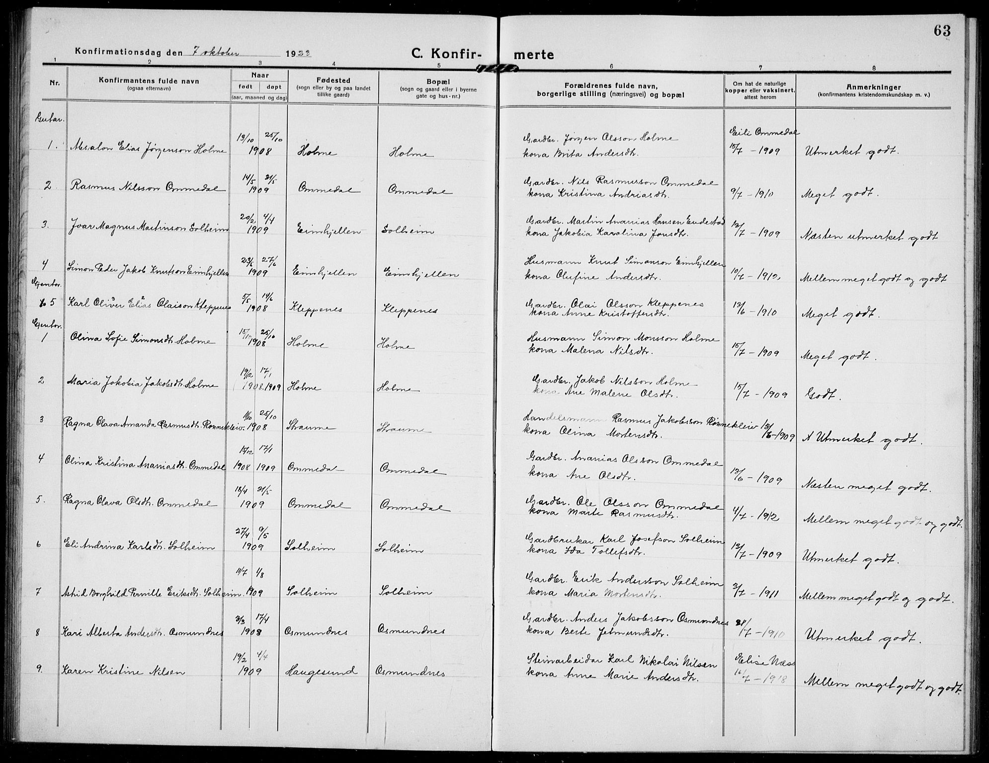 Gloppen sokneprestembete, SAB/A-80101/H/Hab/Habe/L0002: Parish register (copy) no. E 2, 1917-1933, p. 63