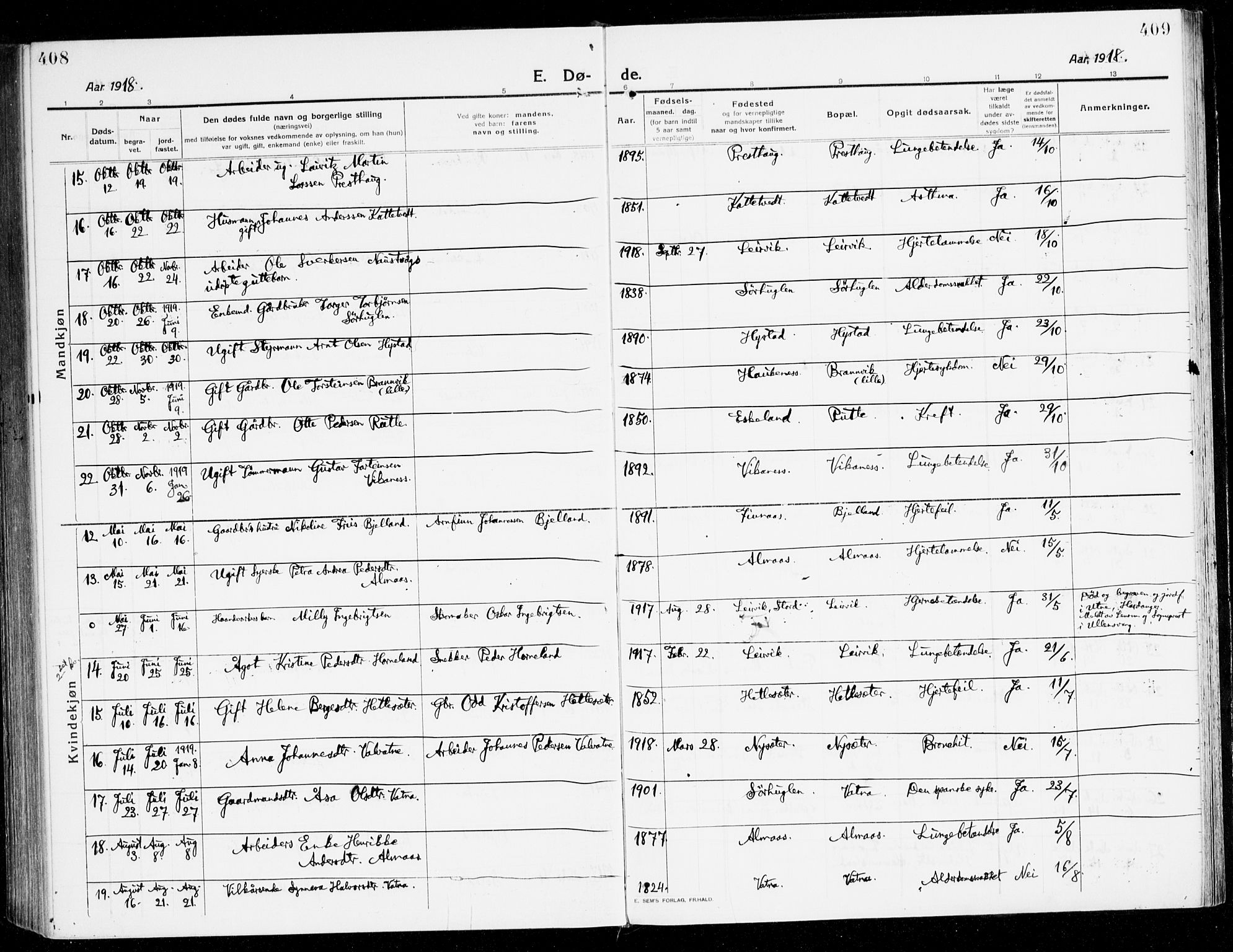 Stord sokneprestembete, AV/SAB-A-78201/H/Haa: Parish register (official) no. B 3, 1913-1925, p. 408-409