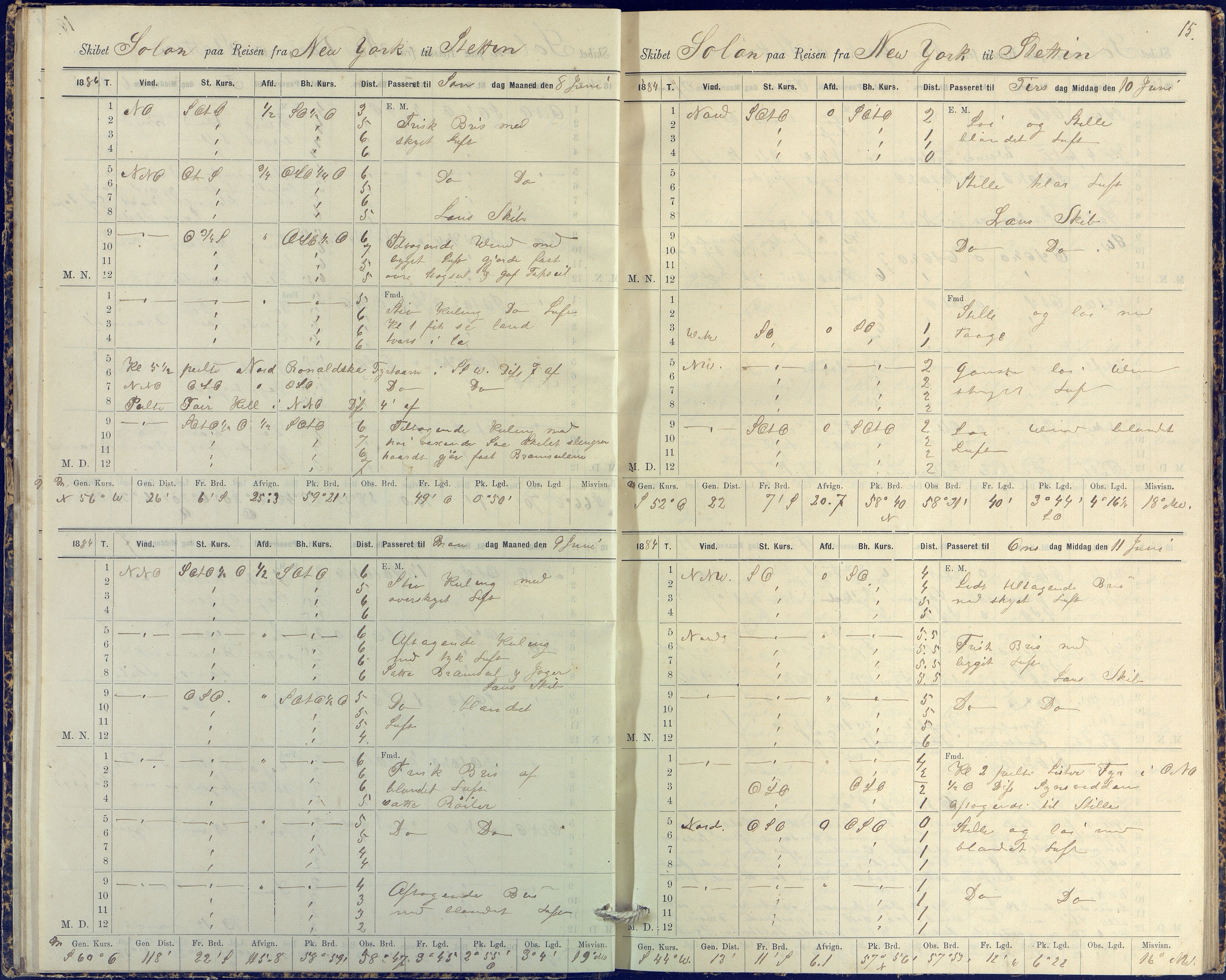 Fartøysarkivet, AAKS/PA-1934/F/L0331/0003: Solon (fregatt) / Solon (fregatt) skipsjournal 1884-1885, 1884-1885, p. 15