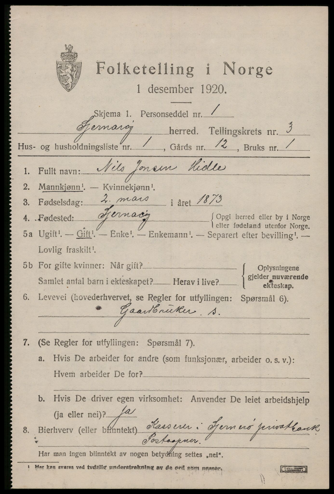 SAST, 1920 census for Sjernarøy, 1920, p. 878