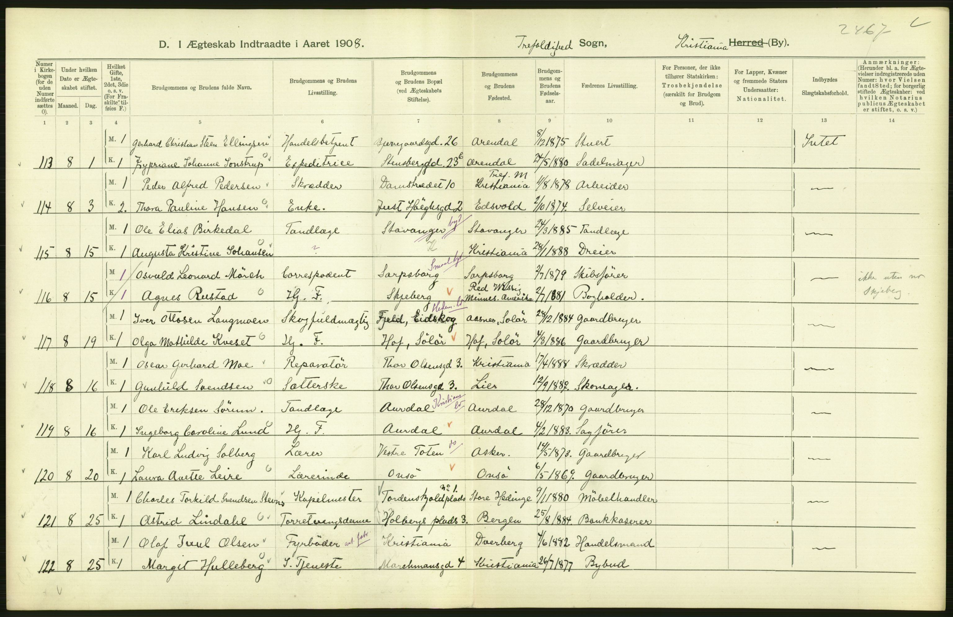 Statistisk sentralbyrå, Sosiodemografiske emner, Befolkning, AV/RA-S-2228/D/Df/Dfa/Dfaf/L0007: Kristiania: Gifte, 1908, p. 428