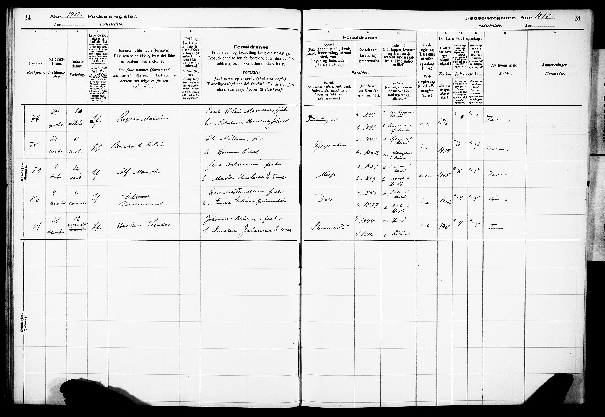 Herdla Sokneprestembete, AV/SAB-A-75701/I/Id/L00A1: Birth register no. A 1, 1916-1929, p. 34