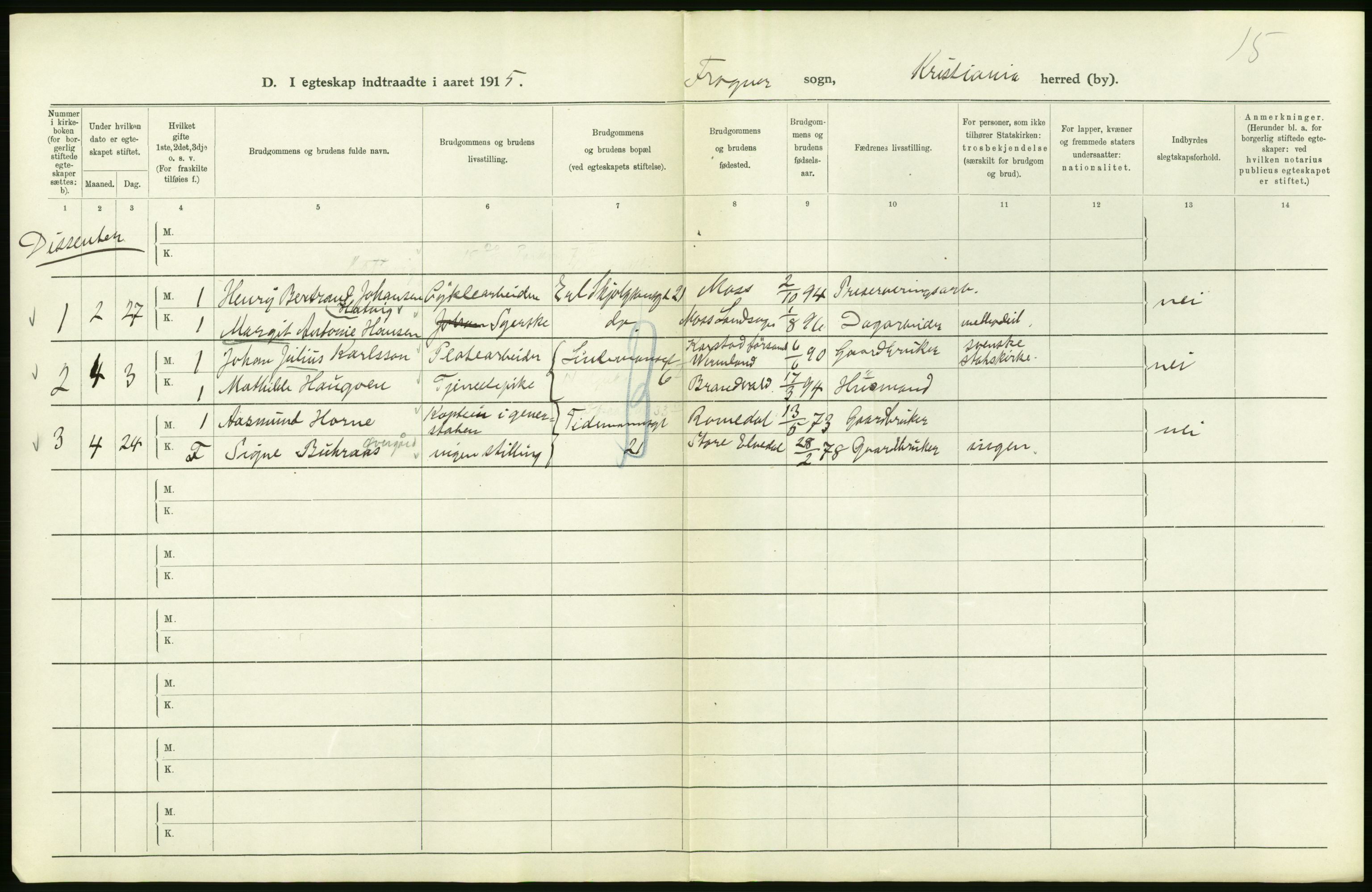 Statistisk sentralbyrå, Sosiodemografiske emner, Befolkning, RA/S-2228/D/Df/Dfb/Dfbe/L0008: Kristiania: Gifte., 1915, p. 252