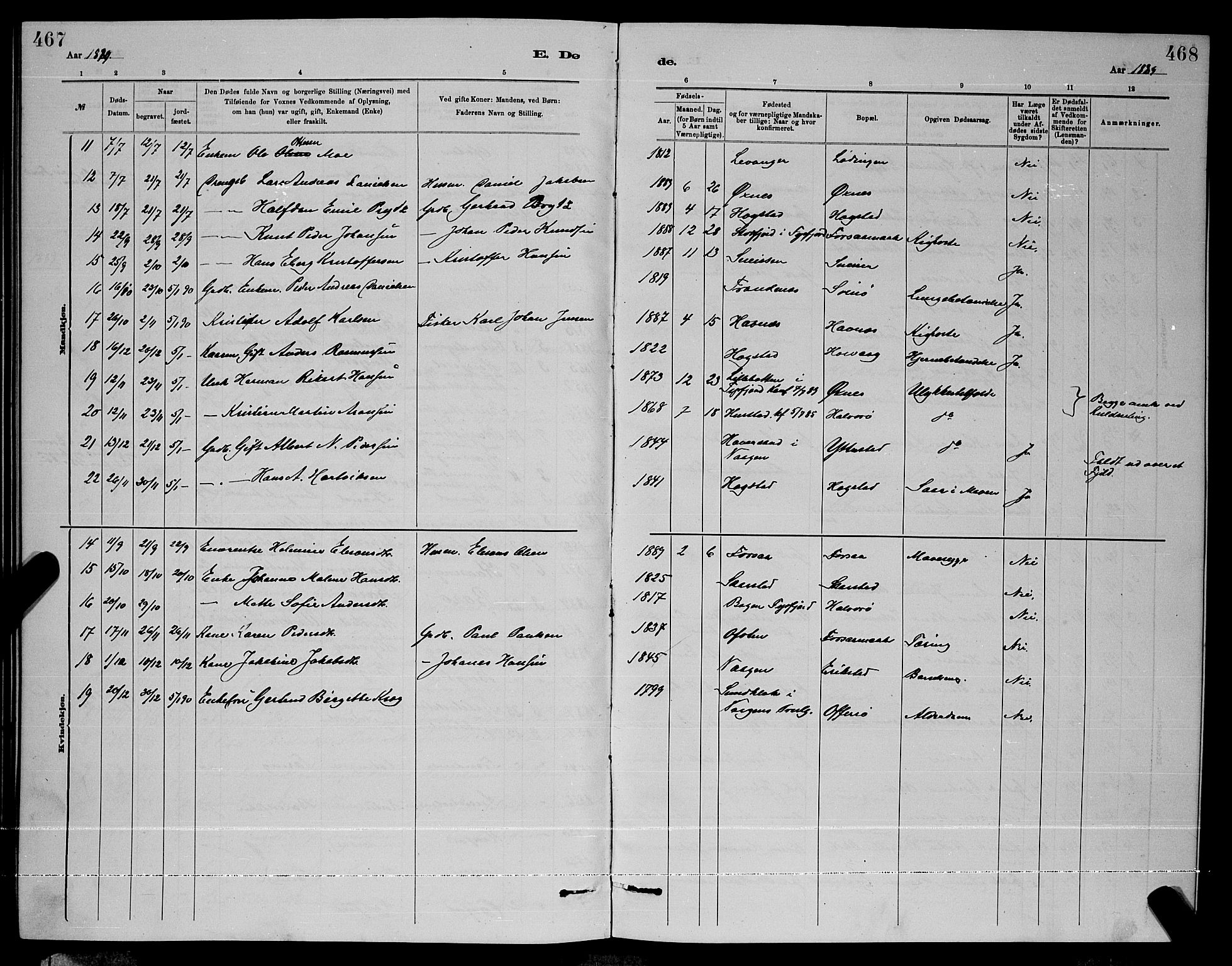 Ministerialprotokoller, klokkerbøker og fødselsregistre - Nordland, AV/SAT-A-1459/872/L1047: Parish register (copy) no. 872C03, 1880-1897, p. 467-468