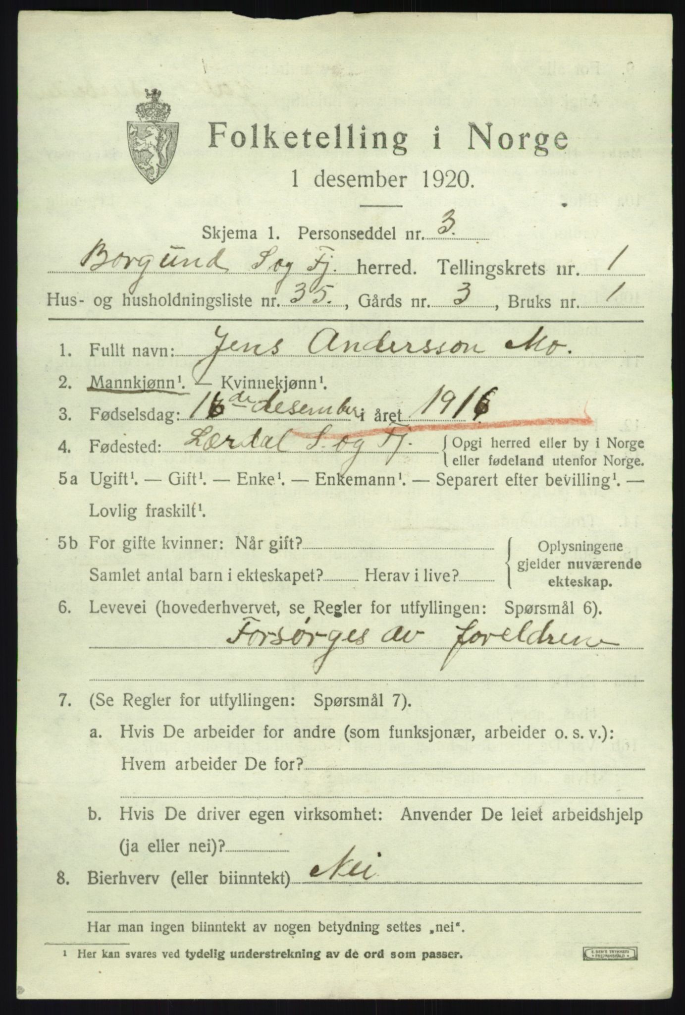 SAB, 1920 census for Borgund, 1920, p. 716