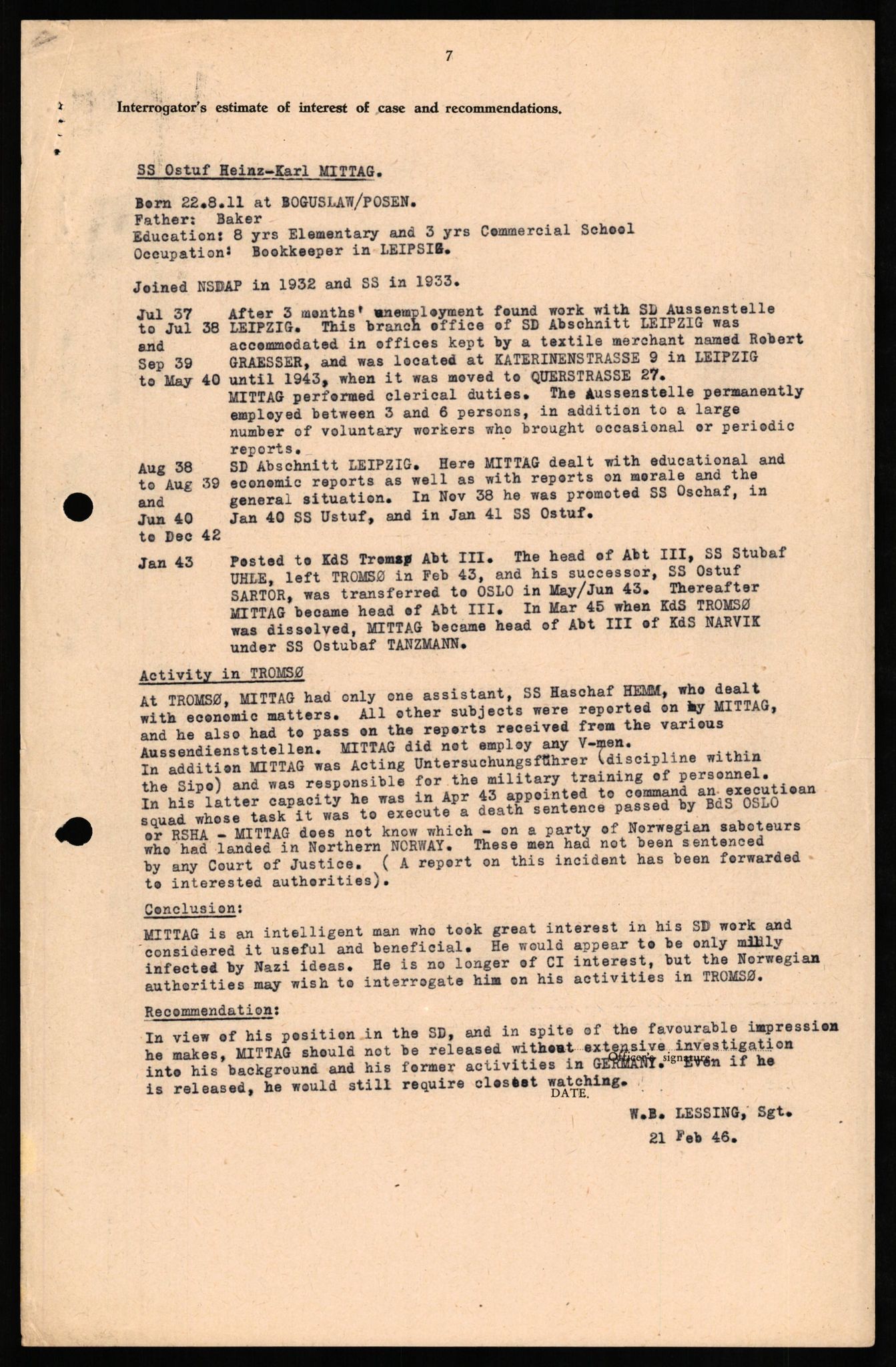 Forsvaret, Forsvarets overkommando II, RA/RAFA-3915/D/Db/L0022: CI Questionaires. Tyske okkupasjonsstyrker i Norge. Tyskere., 1945-1946, p. 169