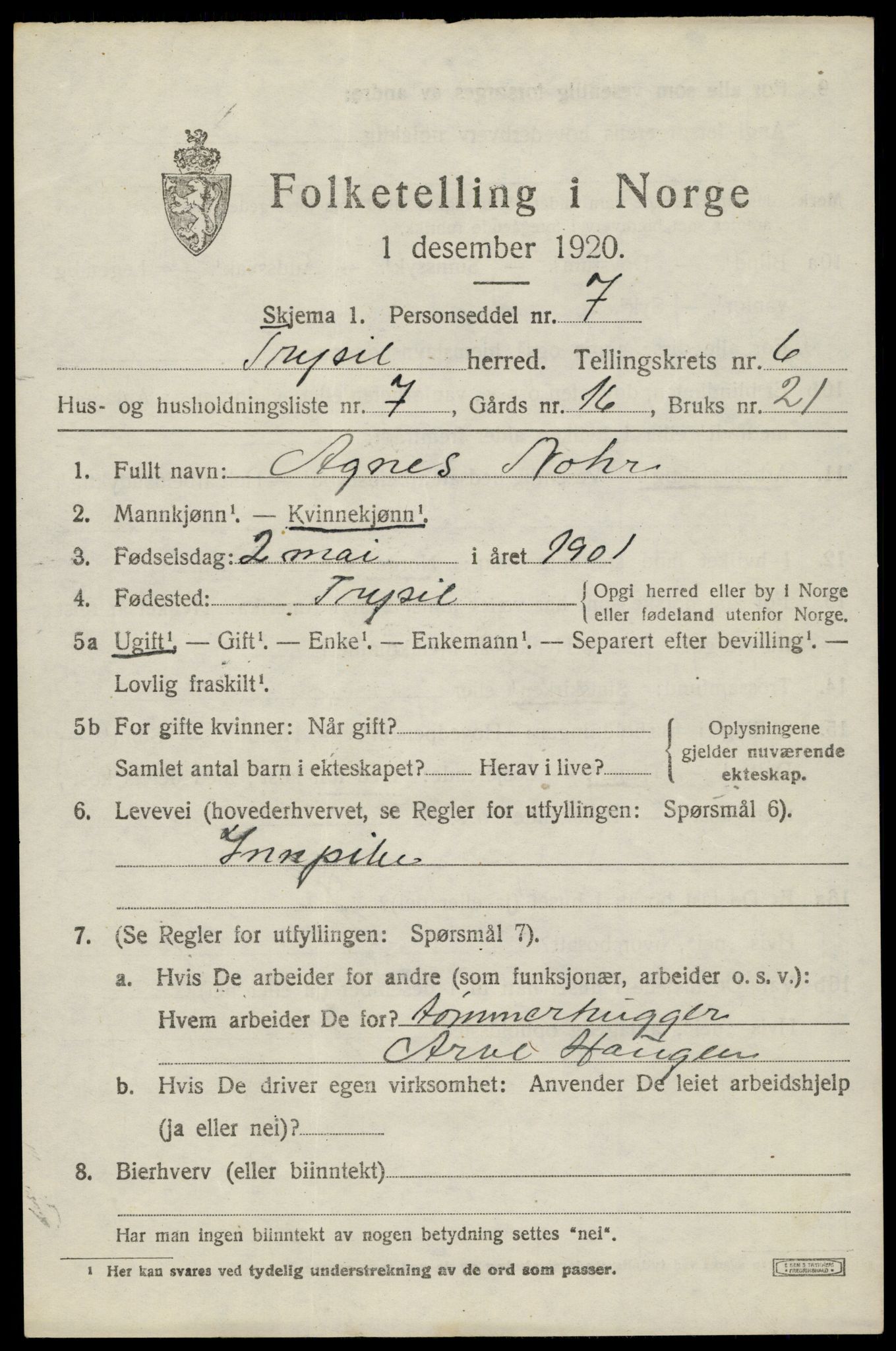 SAH, 1920 census for Trysil, 1920, p. 4613