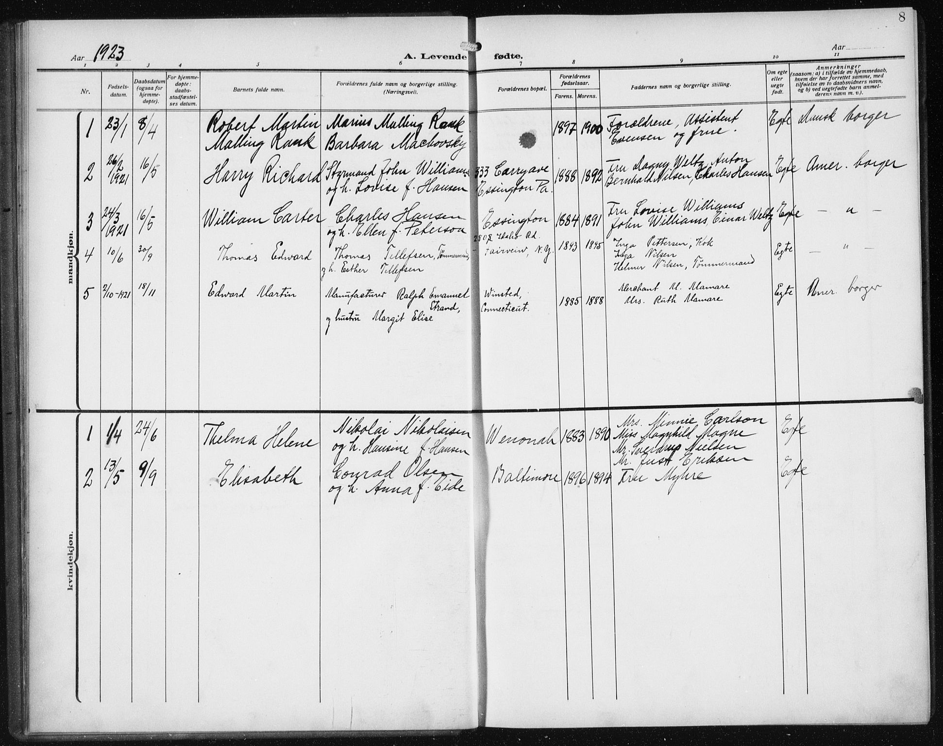 Den norske sjømannsmisjon i utlandet/Philadelphia, SAB/SAB/PA-0113/H/Ha/L0001: Parish register (official) no. A 1, 1912-1931, p. 8