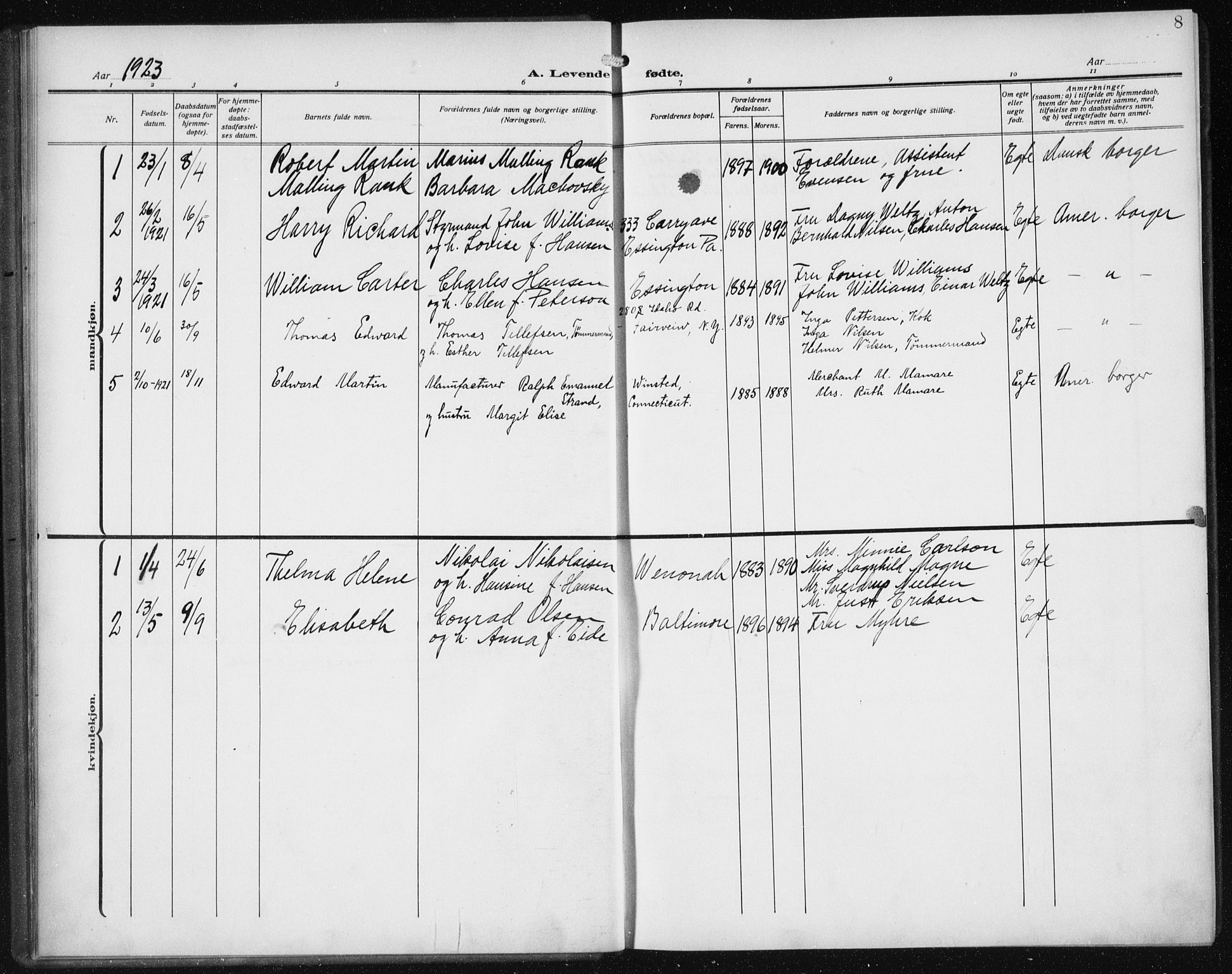 Den norske sjømannsmisjon i utlandet/Philadelphia, AV/SAB-SAB/PA-0113/H/Ha/L0001: Parish register (official) no. A 1, 1912-1931, p. 8